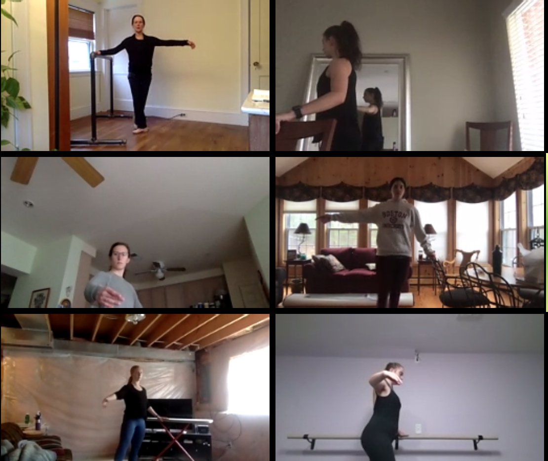Margot Parsons (upper left) teaches ballet to Boston University students via Zoom