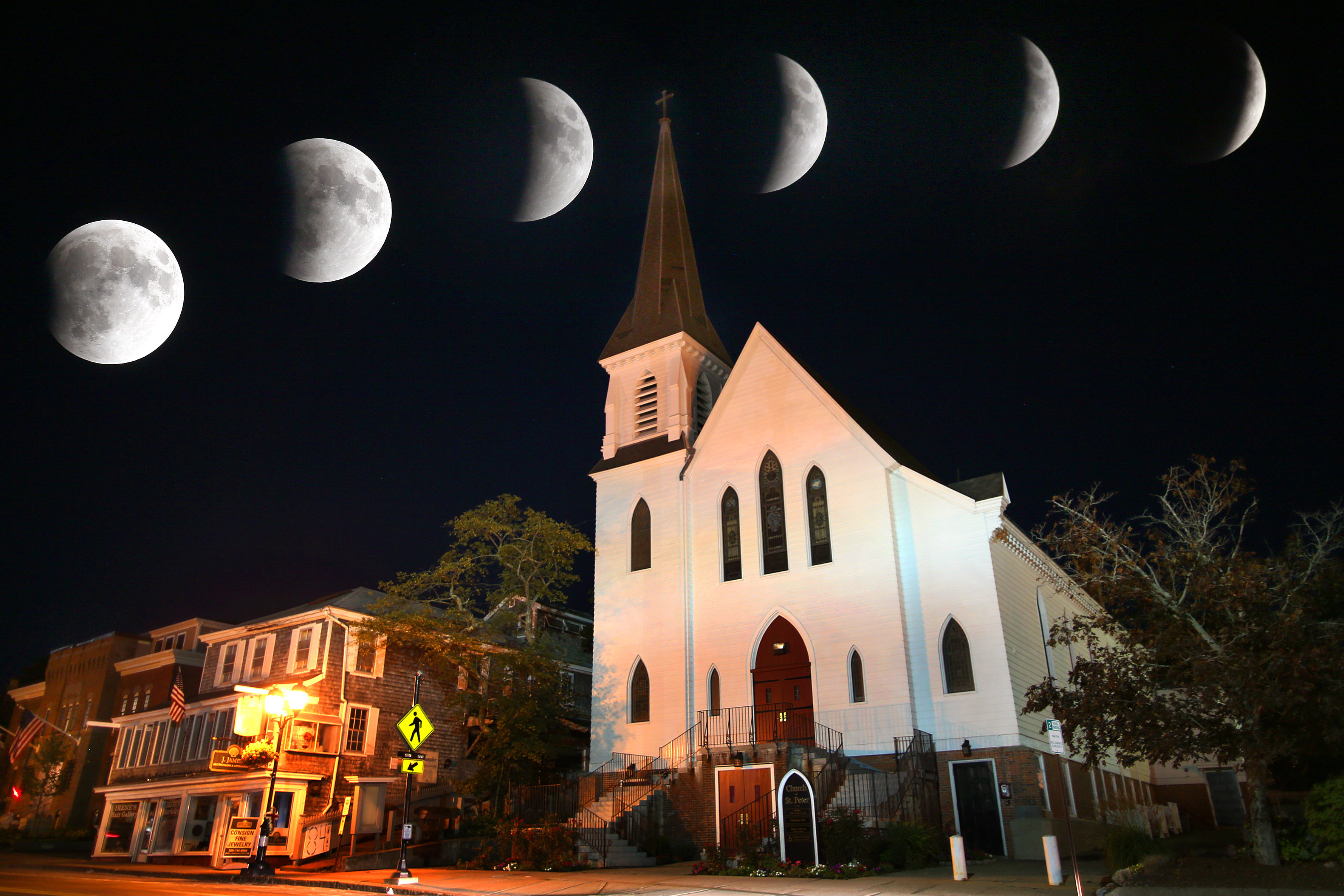 A rare supermoon total eclipse, photographed in Plymouth at 10-minute intervals starting at 9:07 p.m.