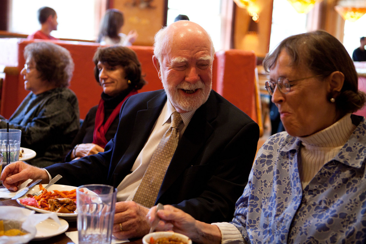 Beacon Hill Village members Roger Cox and Barbara Rappaport during a recent lunch.
