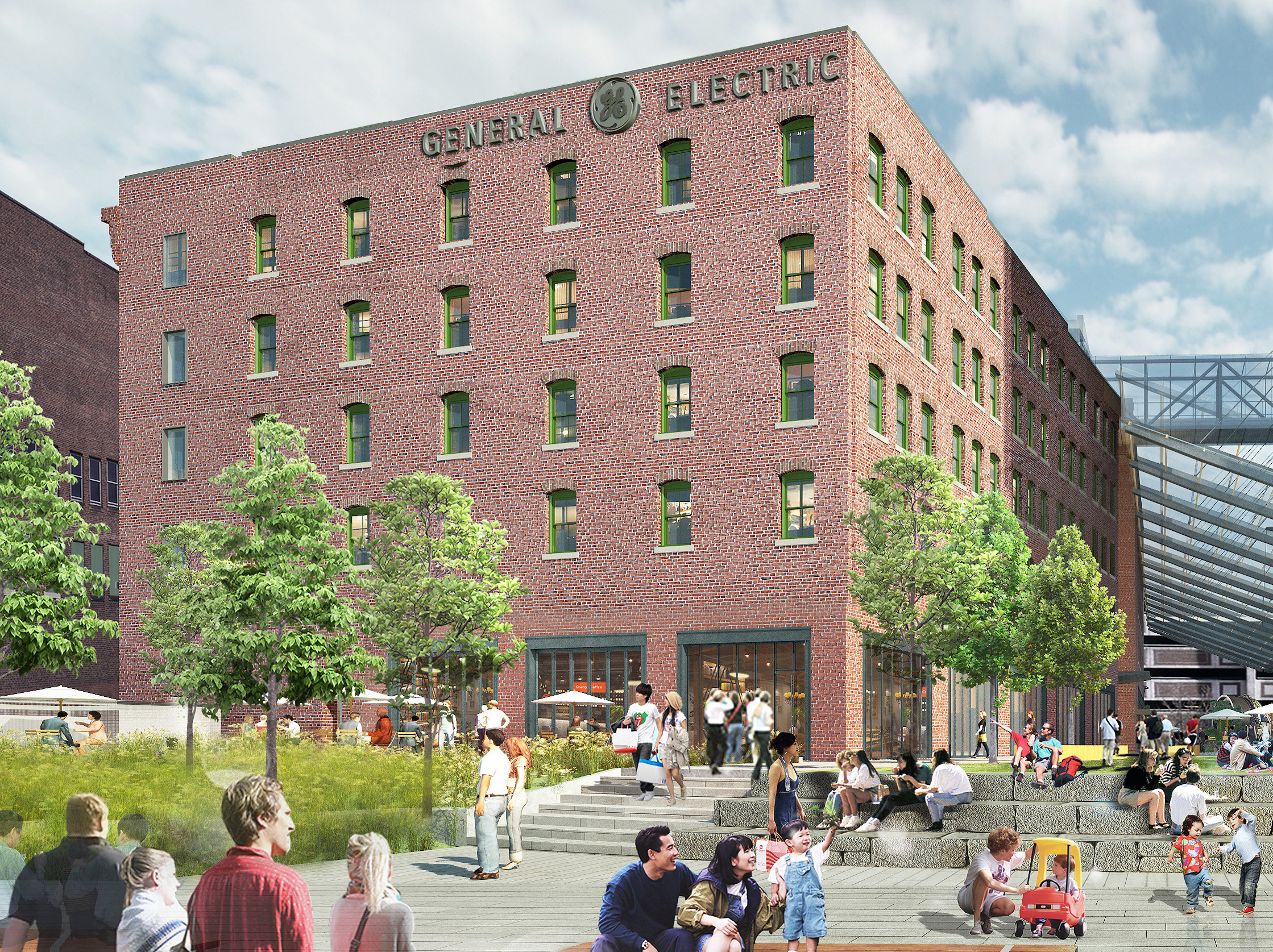 A rendering of the completed complex, which will contain 95,400 square feet of space. GE says it still plans to build a new 12-story building on an adjacent lot, but that project is on hold.