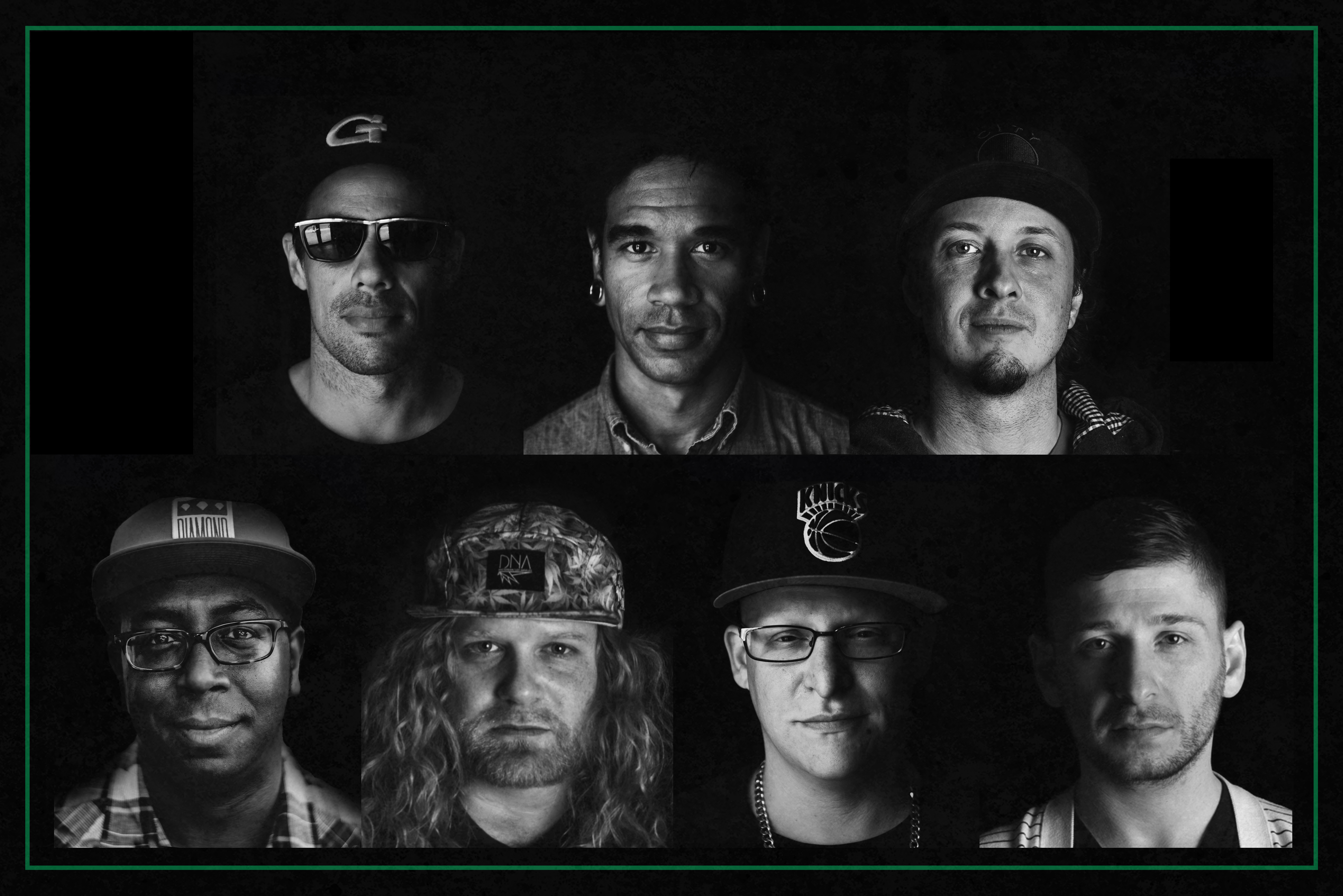 The funk band Lettuce. Left to right: Top: Ryan Zoidis, Neal Evans, Adam Deitch. Bottom: Nigel Hall, Erick "Jesus" Coomes, Adam "Shmeeans" Smirnoff, Eric "Benny" Bloom.