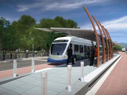 A rendering of a trolley for the proposed Amp transit system in Nashville.