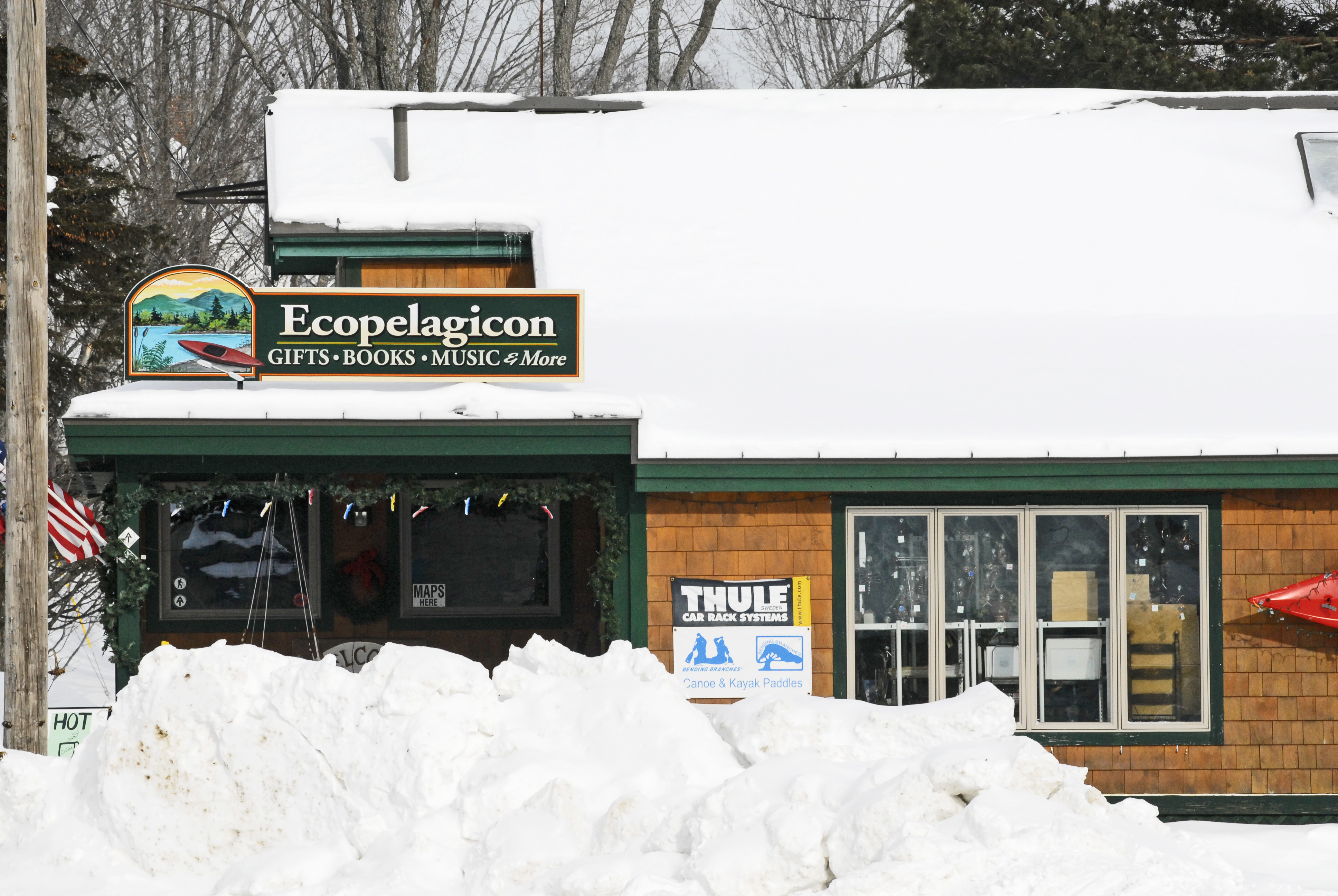 Ice skates, free to borrow, are available at Ecopelagicon, in downtown Rangeley, for use on adjacent Haley Pond.