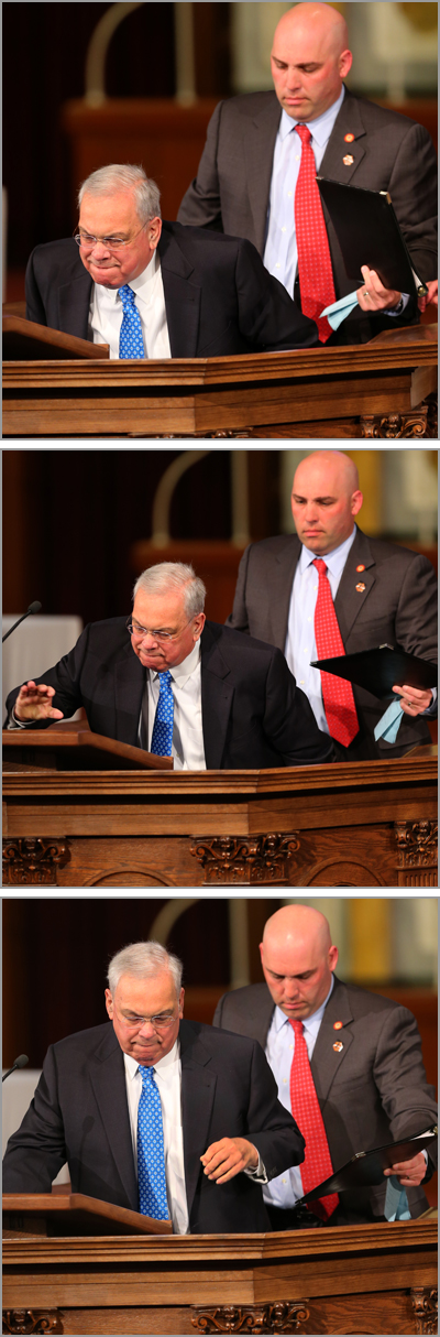 With his son’s help, Mayor Thomas Menino left his wheelchair to speak from the pulpit Thursday.