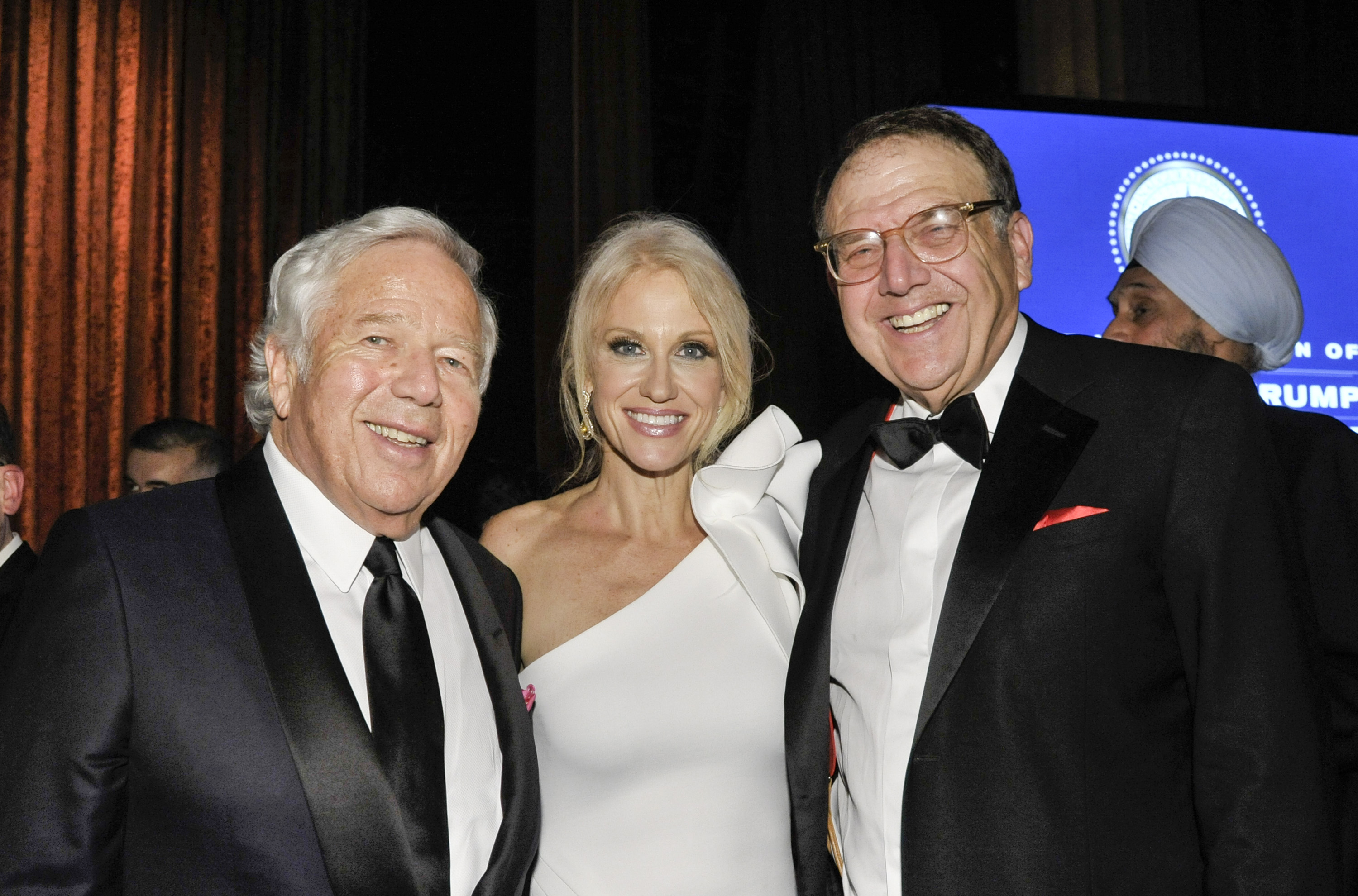 From left: Patriots owner Robert Kraft, senior Trump adviser Kellyanne Conway, and Richard LeFrak at the Chairman’s Global Dinner.
