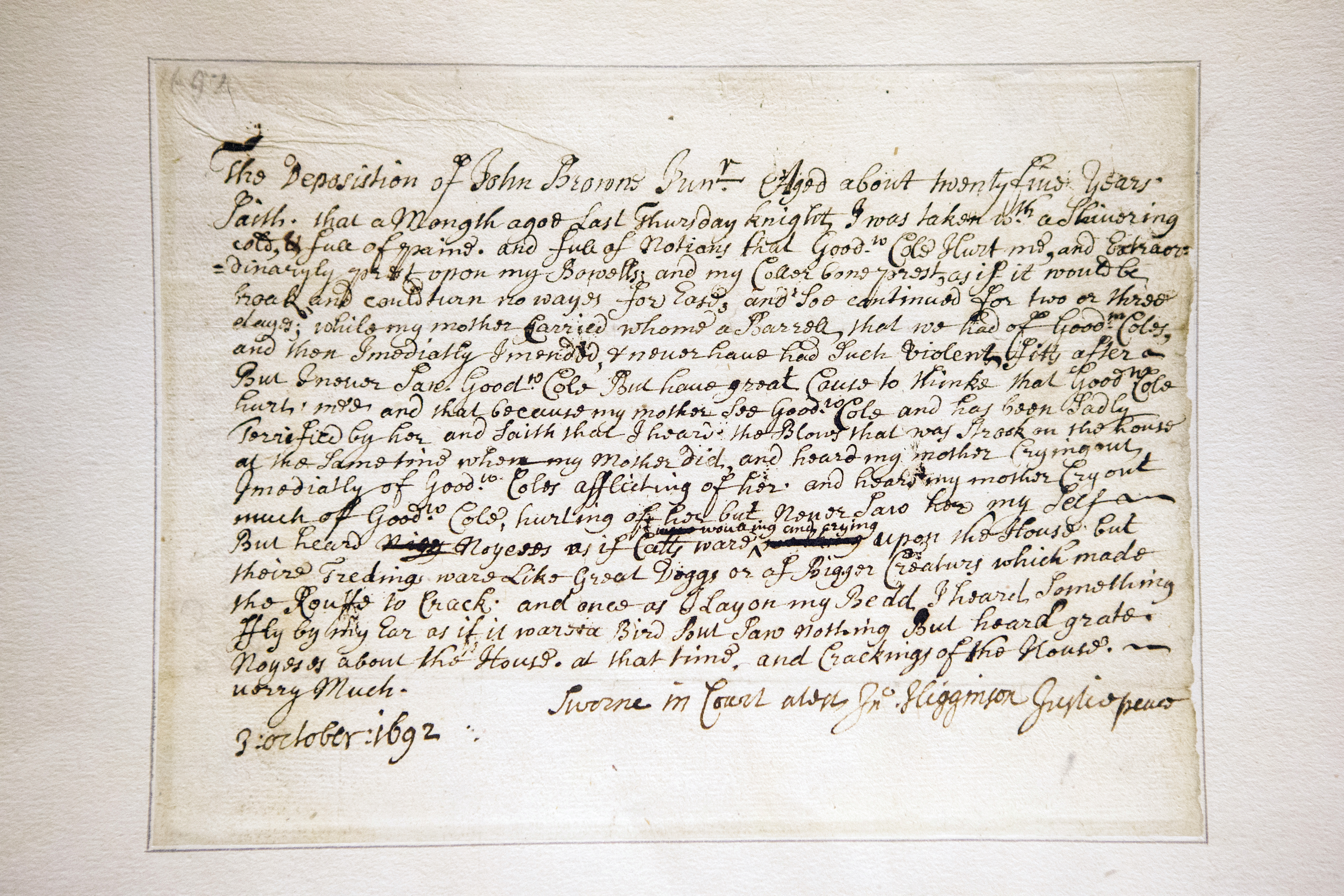 From the archives, a 1692 deposition describing a witchcraft attack.