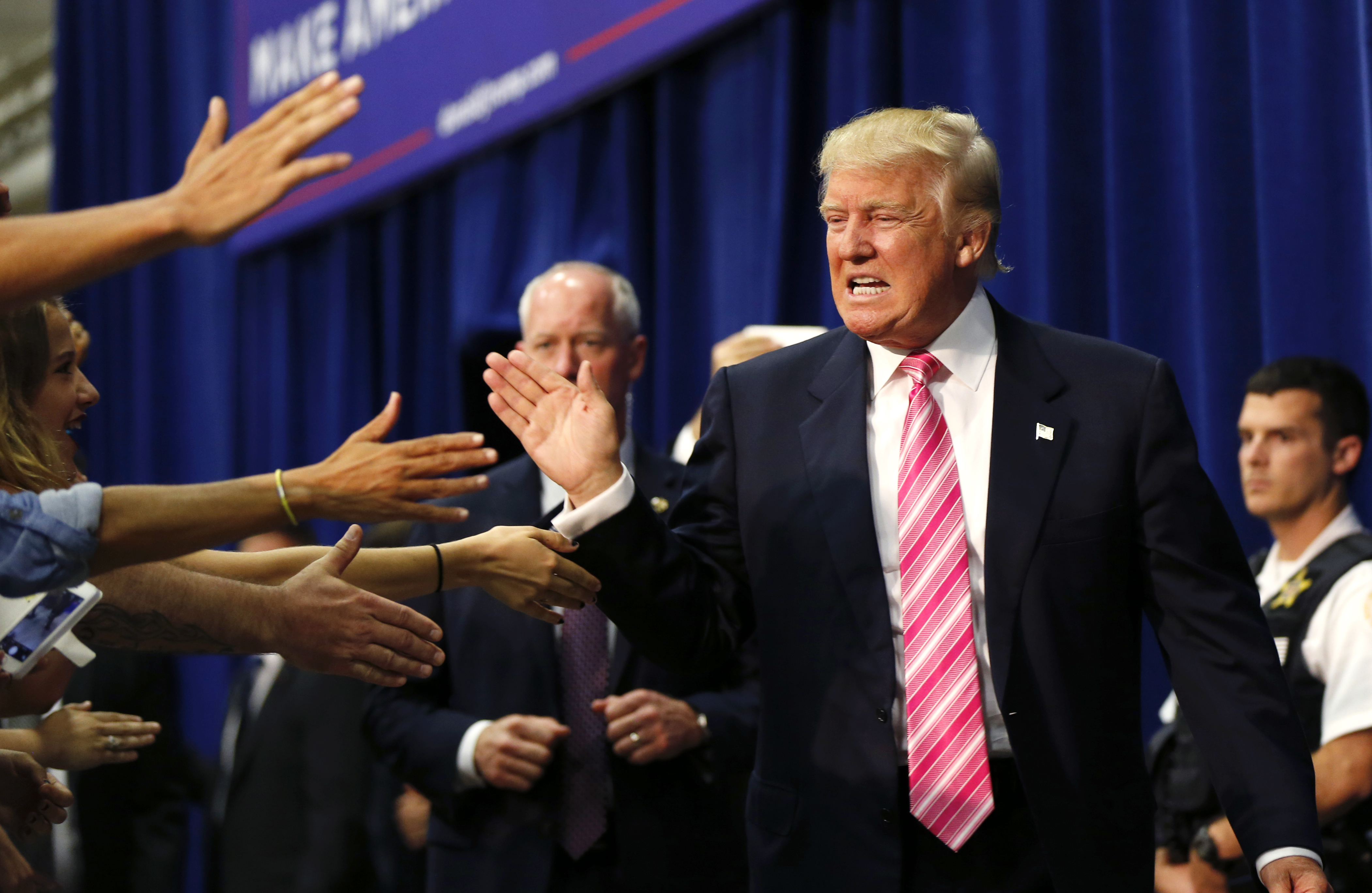 Trump greeted the crowd Saturday as he arrived to speak at a rally in Fredericksburg, Va.