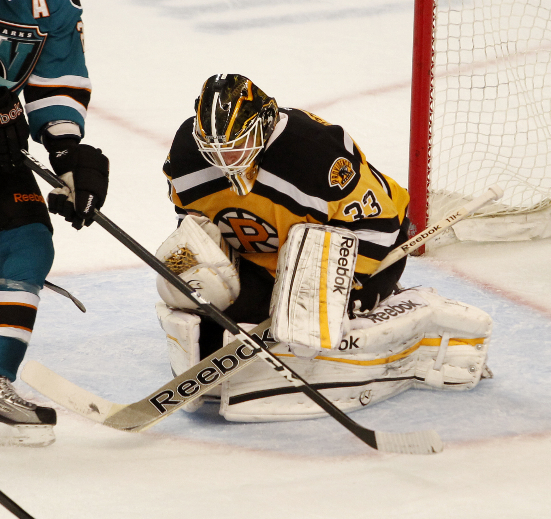 Providence Bruins goalie Mike Hutchinson makes a save during recent game.