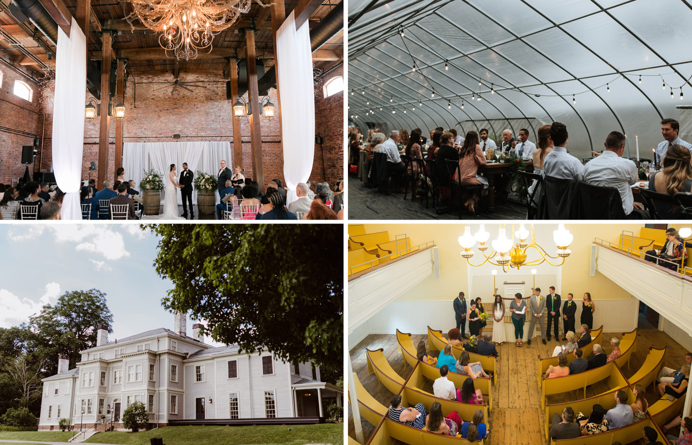 Clockwise from top left: The 1620 Winery in Plymouth; the Herb Lyceum at Gilson's; the African Meeting House / Museum of African American History; and the Lyman Estate in Waltham.