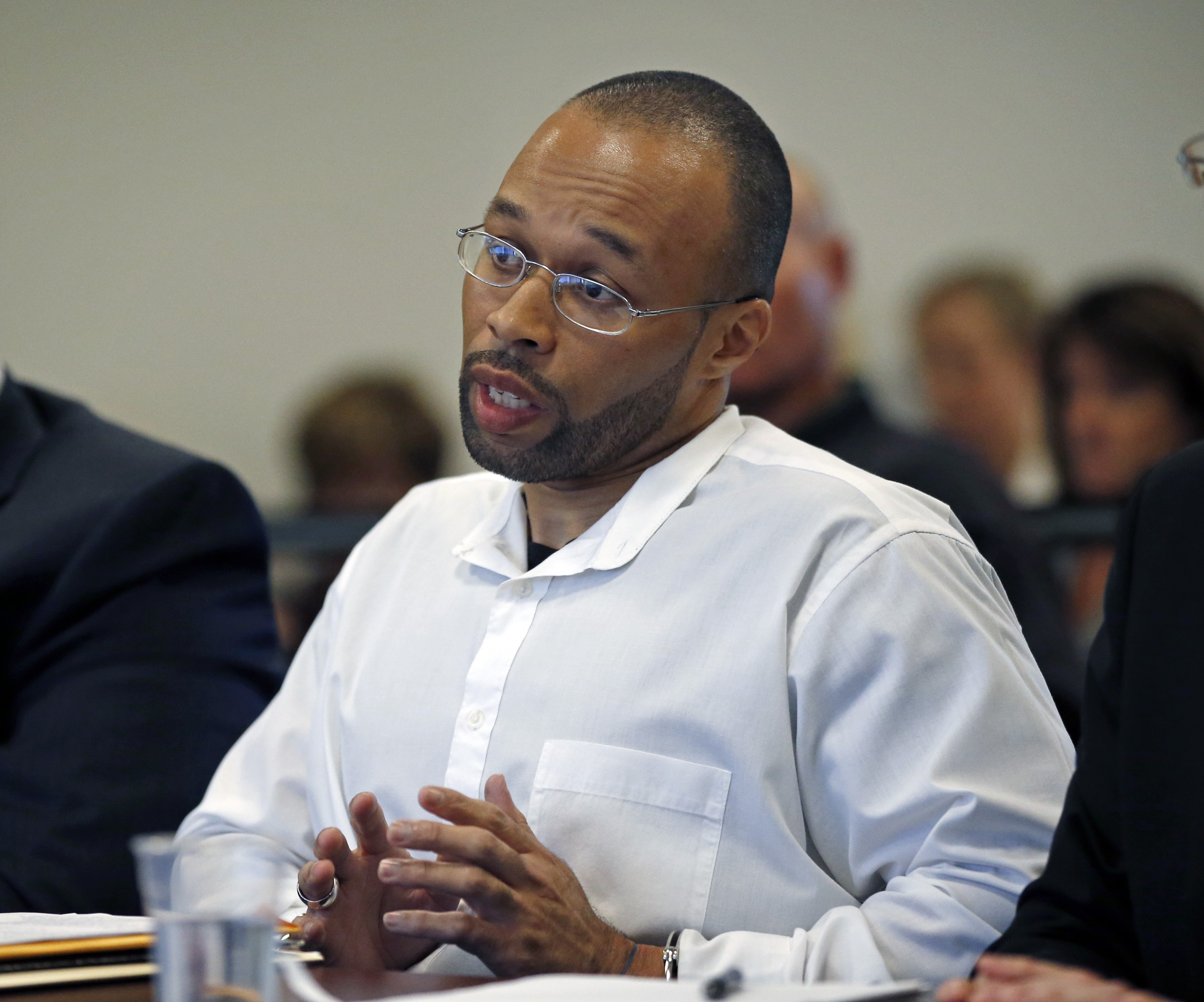 Frederick Christian, shown during a May 29 hearing before the state’s parole board, faces prerelease steps.