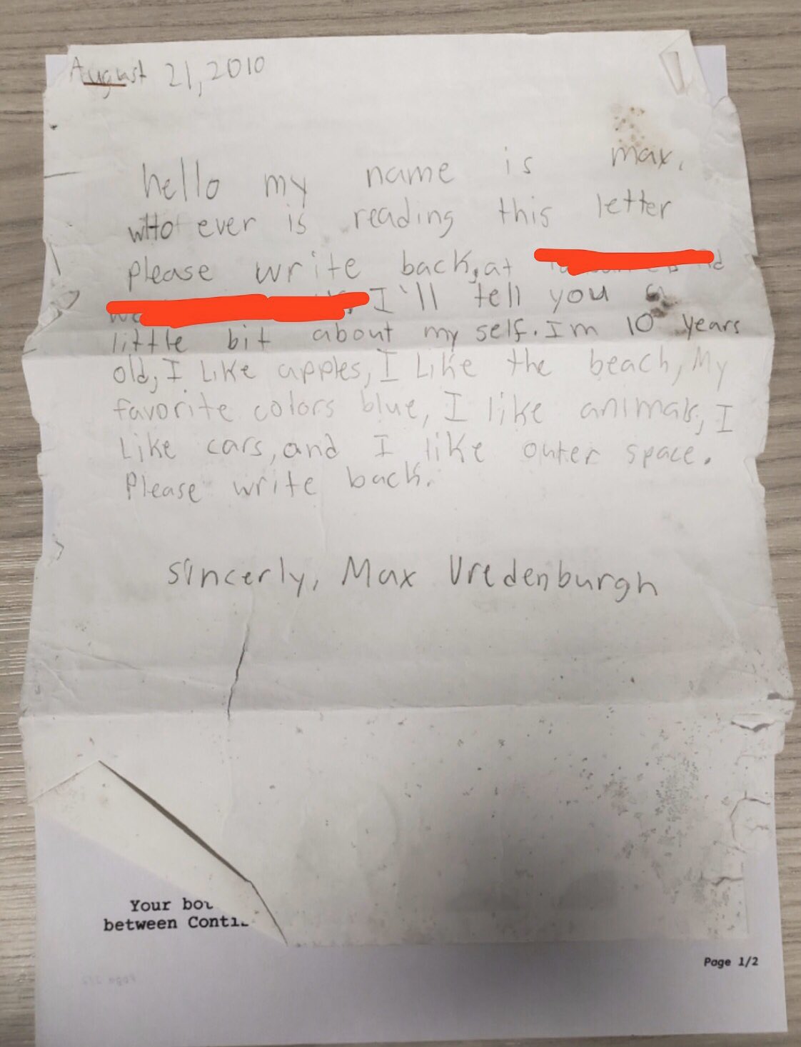 The letter that Vredenburgh put in a wine bottle and threw into the ocean in 2010.