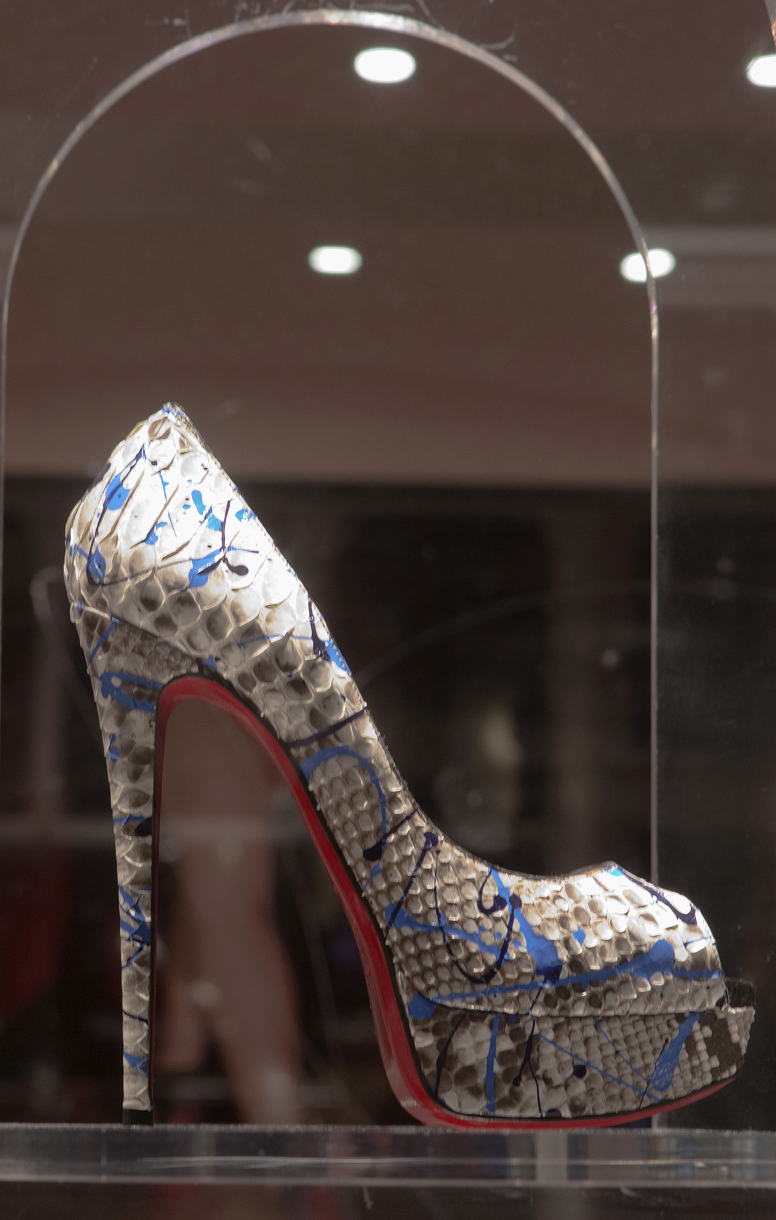 High heels in the Louboutin shoe designer shop in Paris.