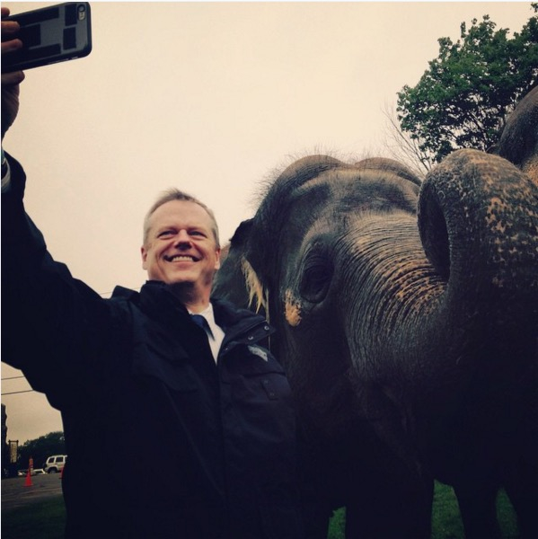 Charlie Baker posed for a selfie with an elephant at the Southwick Zoo.