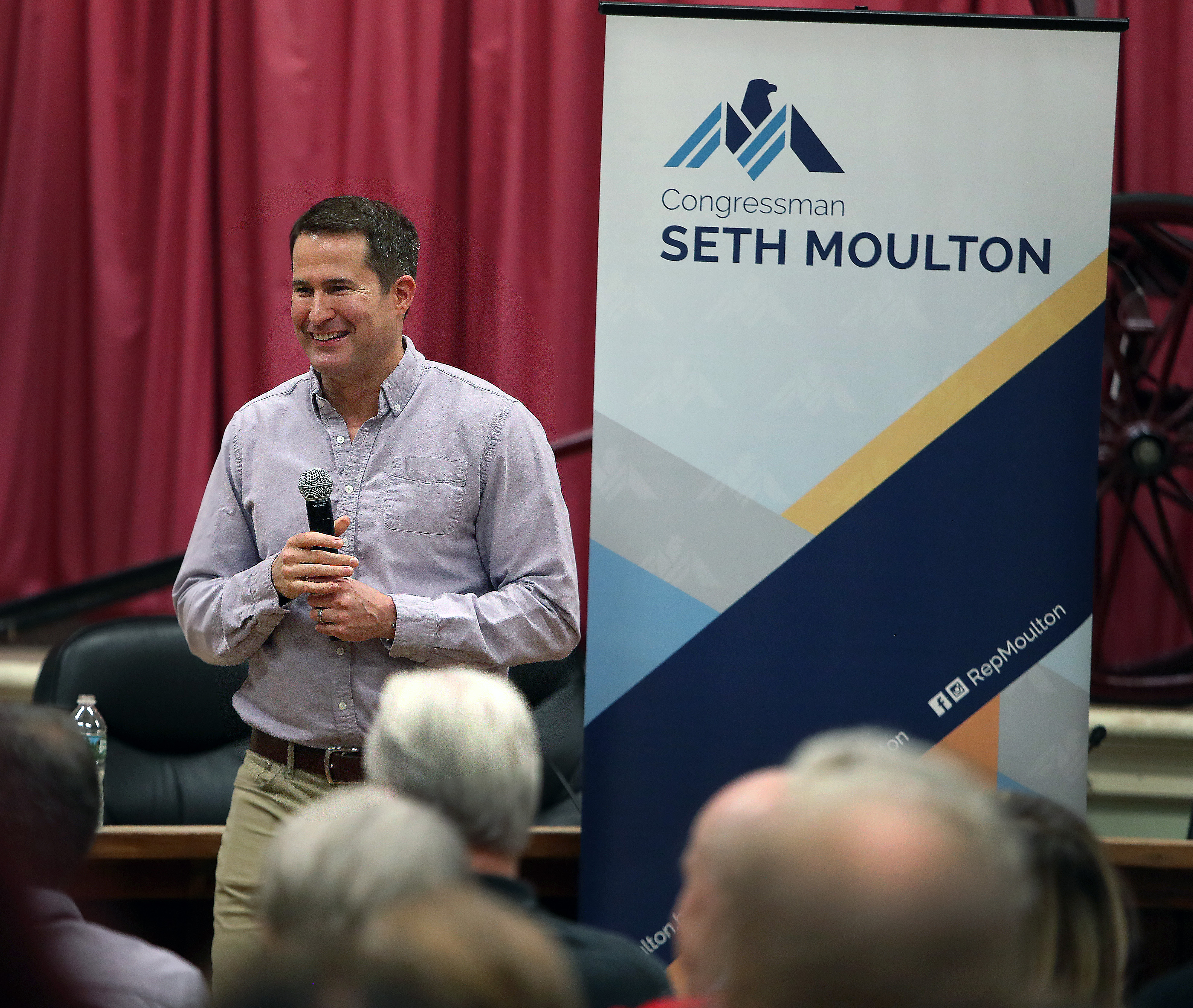 Representative Seth Moulton at a town hall meeting in Amesbury on Monday