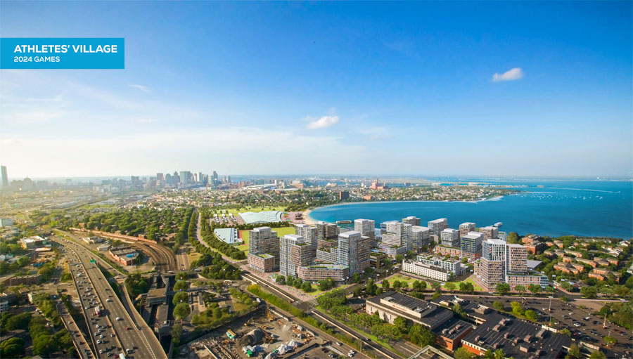 This image shows the concept for the athlete’s village during the 2024 Games.