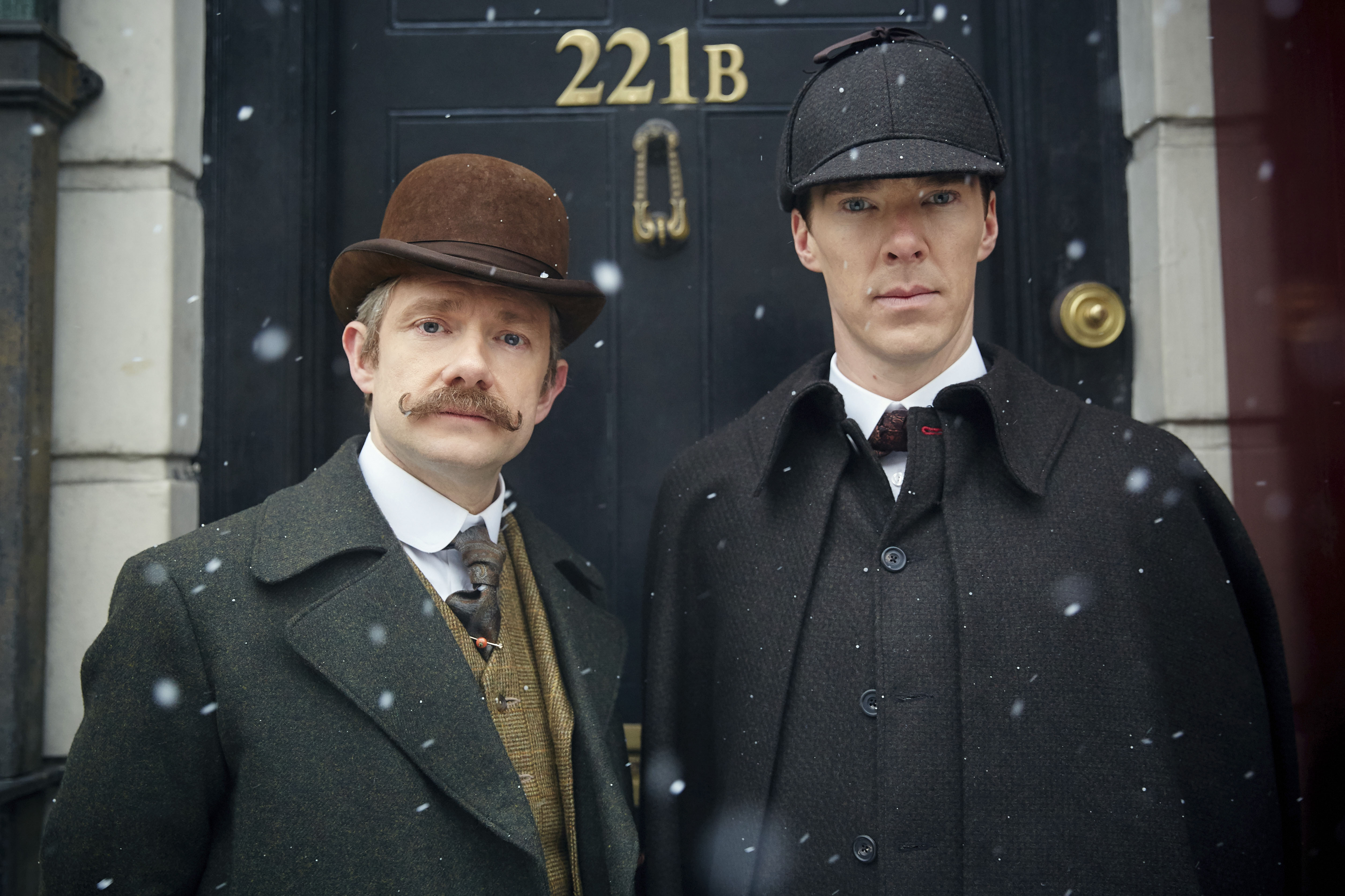 Martin Freeman, left, and Benedict Cumberbatch (as Dr. Watson and Sherlock Holmes) star in the PBS series “Sherlock.”