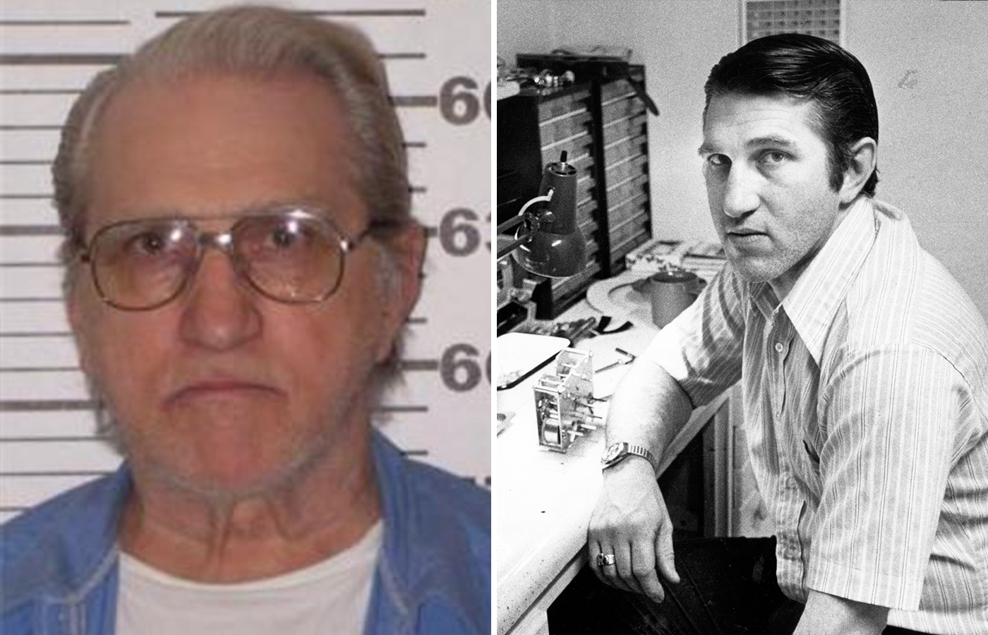 A recent mugshot of serial killer Richard Steeves (left) and Steeves as he worked in his former workshop before leaving New Hampshire Hospital in Concord, N.H., in early 1981.