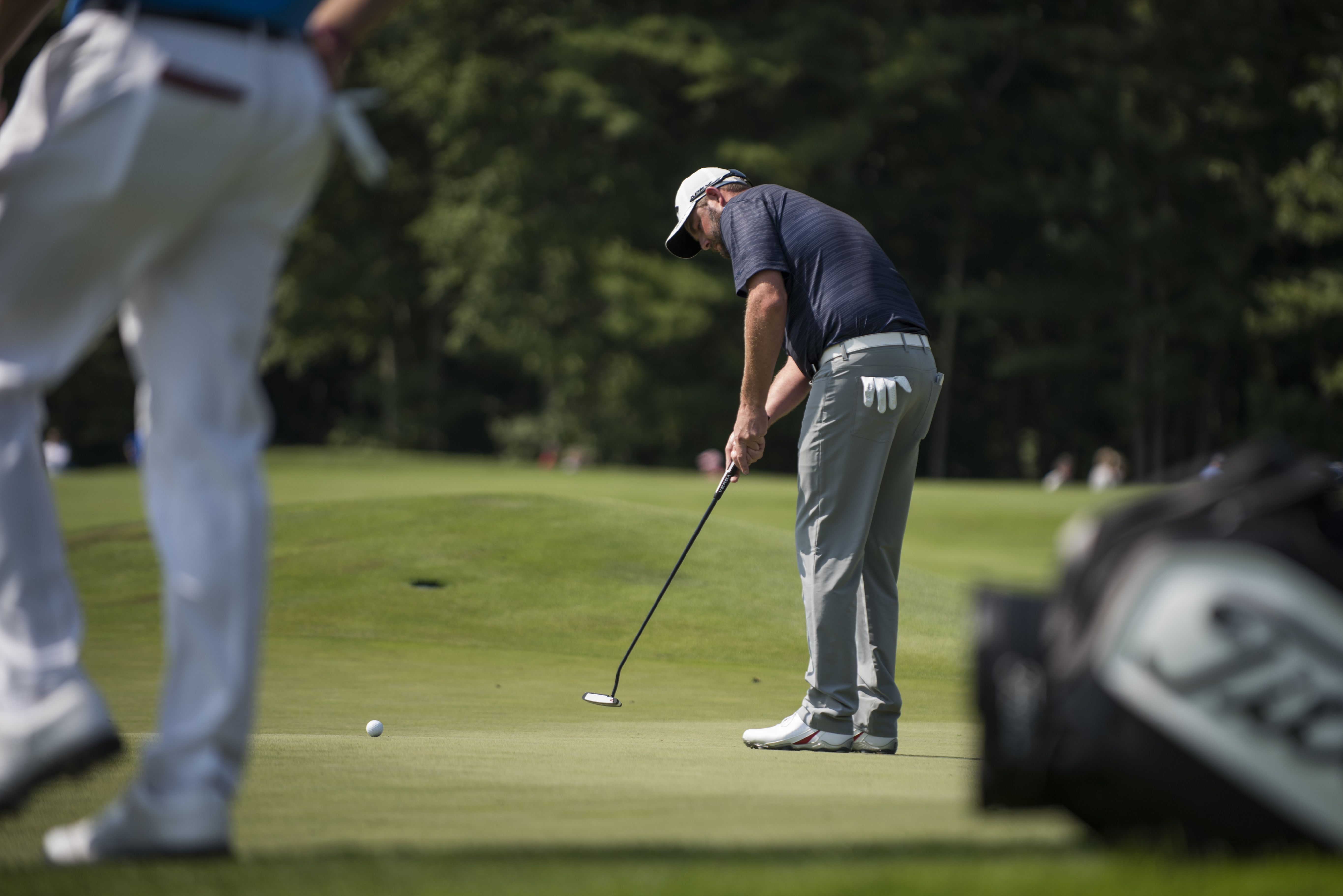 Marc Leishman rolls his putt on the second green.