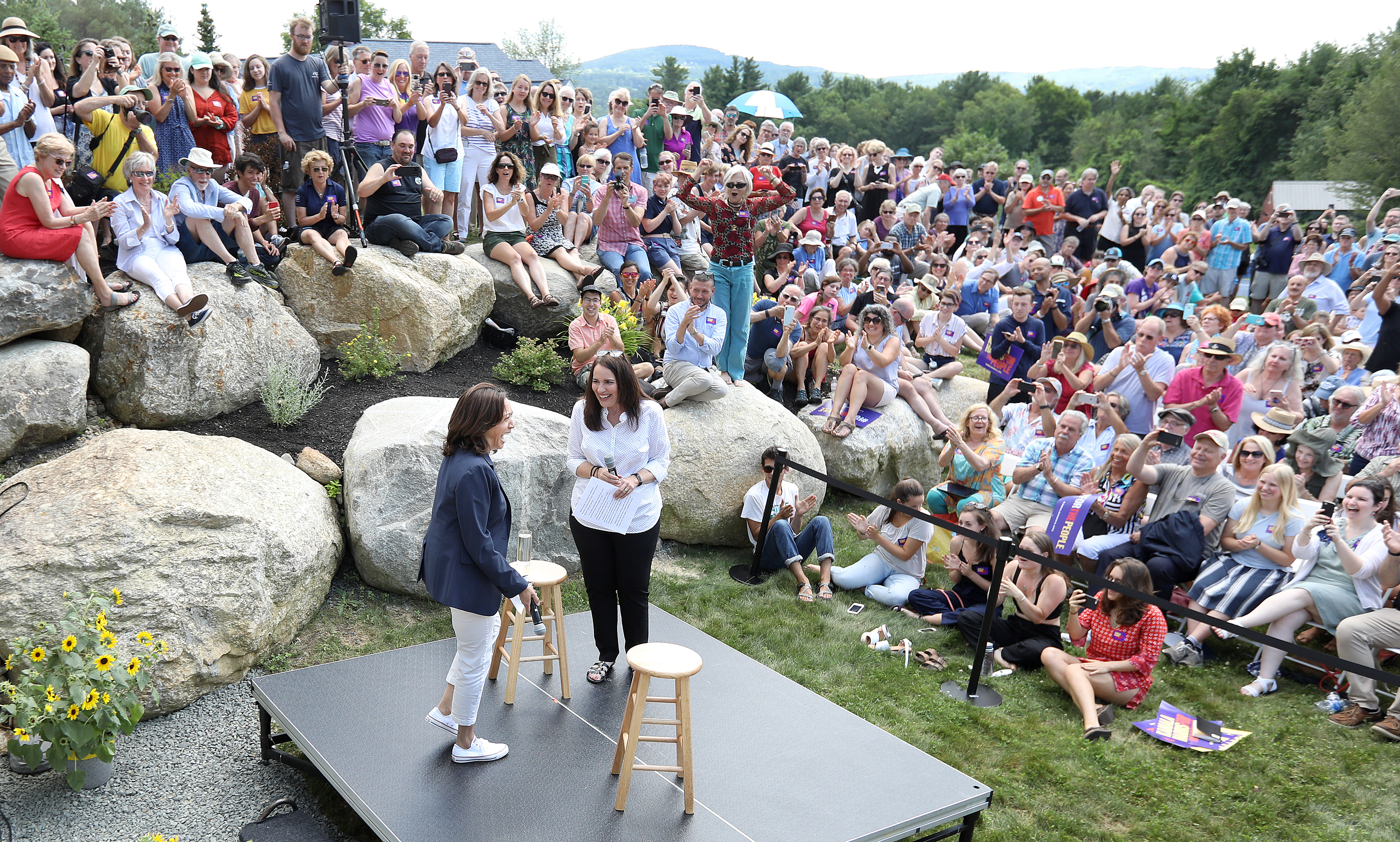 Senator Kamala Harris (left) was introduced at an event at the home of former state representative Lisa DiMartino (right) in Gilford, N.H.