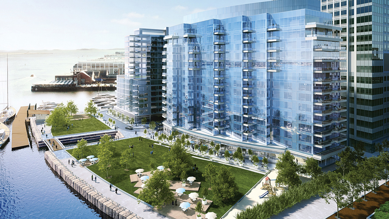 An artist’s rendering shows 22 Liberty, an 111-unit luxury condominium building that is being developed next to the planned Batali restaurant at Fan Pier.