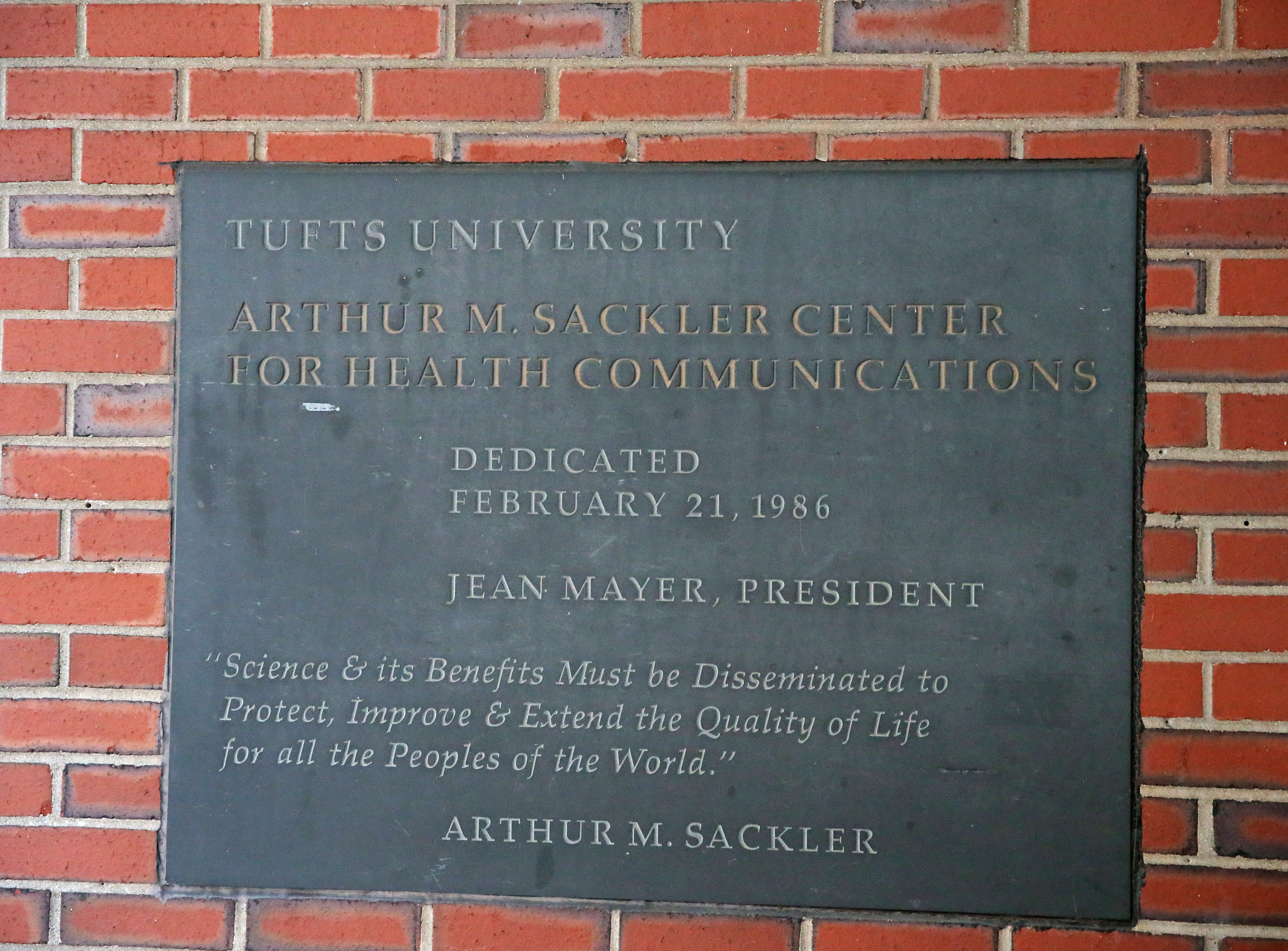 The Sackler family name on the Tufts building at 145 Harrison Ave. in Boston.