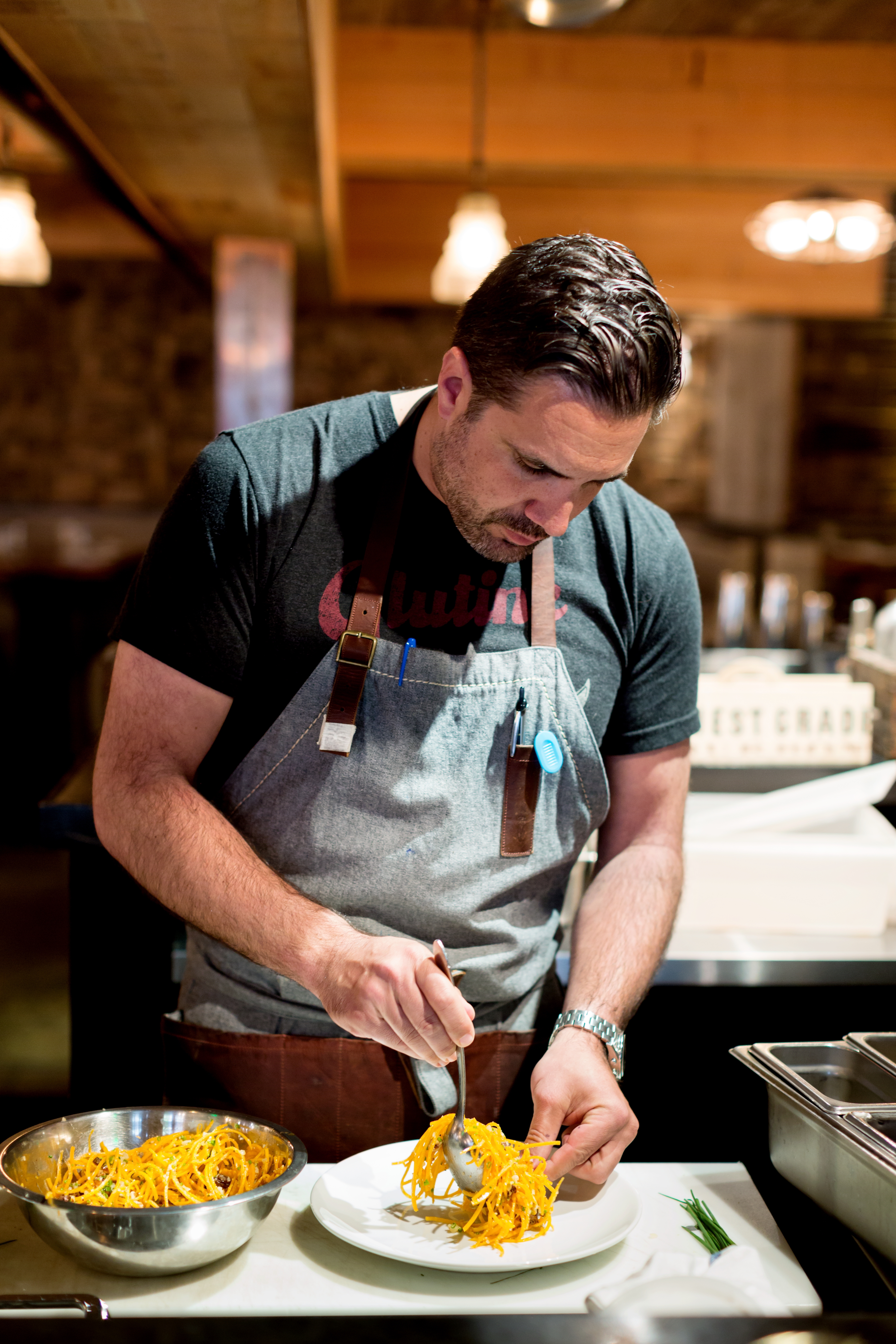 Michael Scelfo, chef-owner of Alden & Harlow, prepping butternut squash pasta.