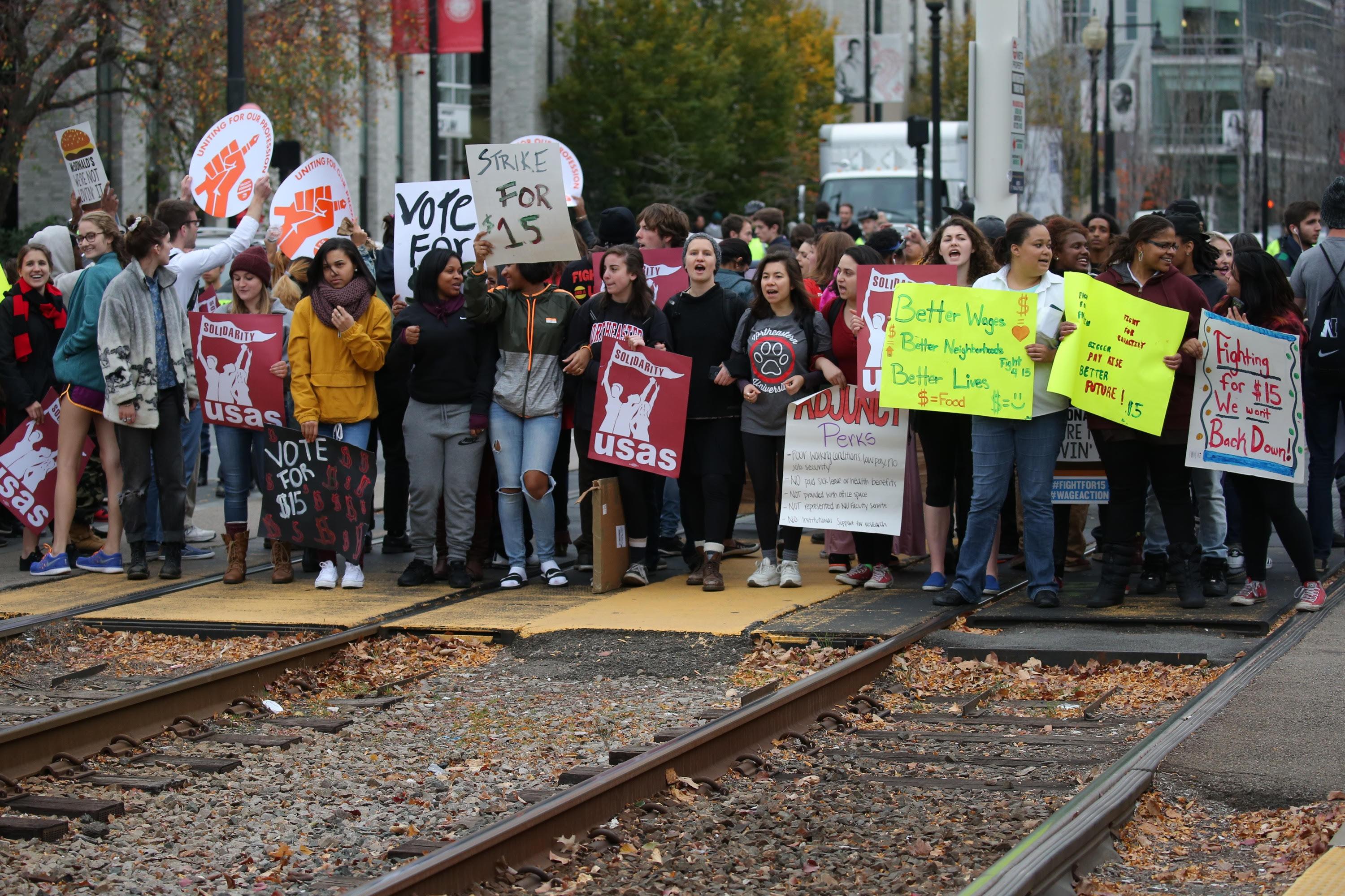 These protesters were also joined by fast-food workers calling for a $15 minimum wage.