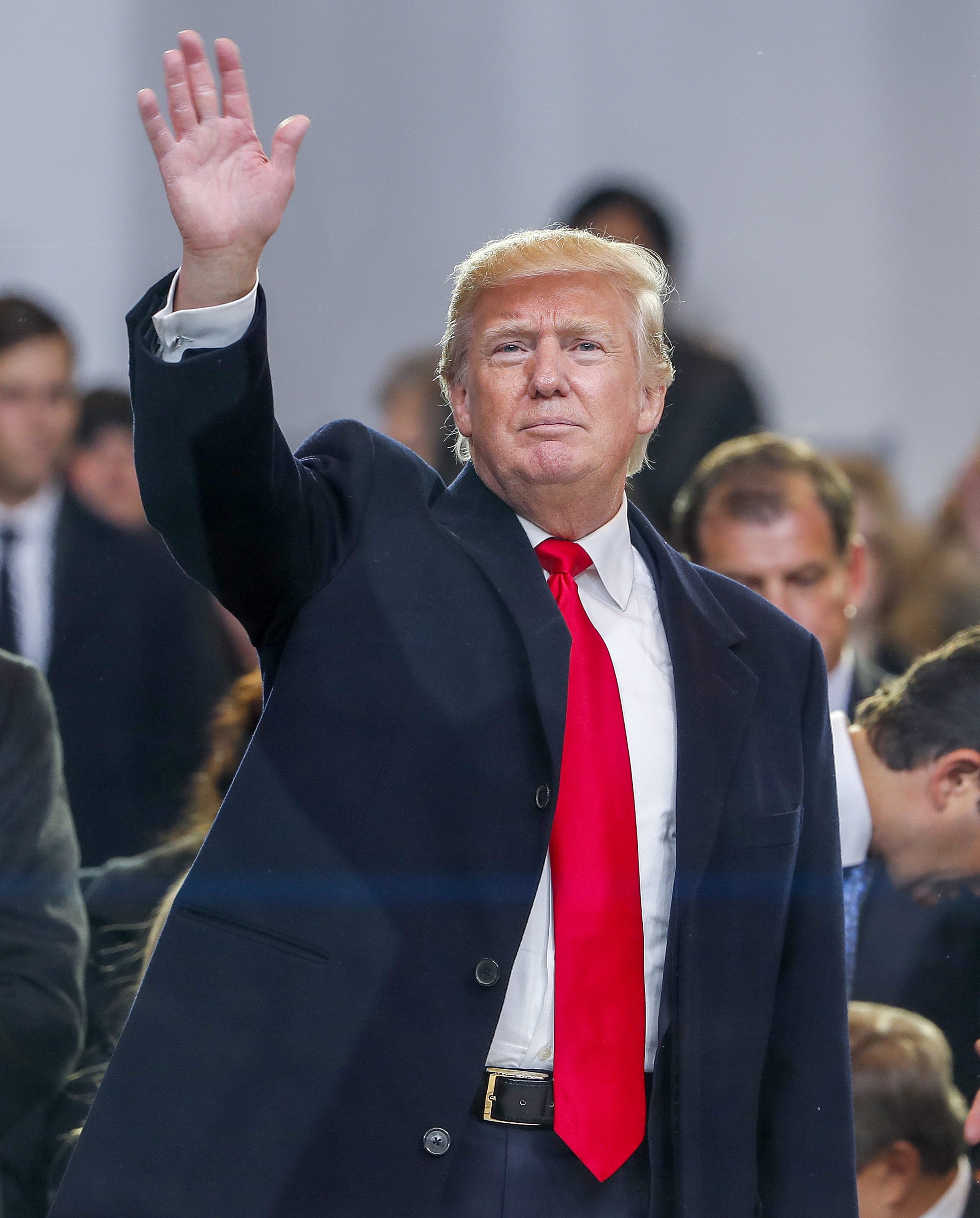 President Donald J. Trump waves to supporters after watching the Inaugural Parade on Friday.