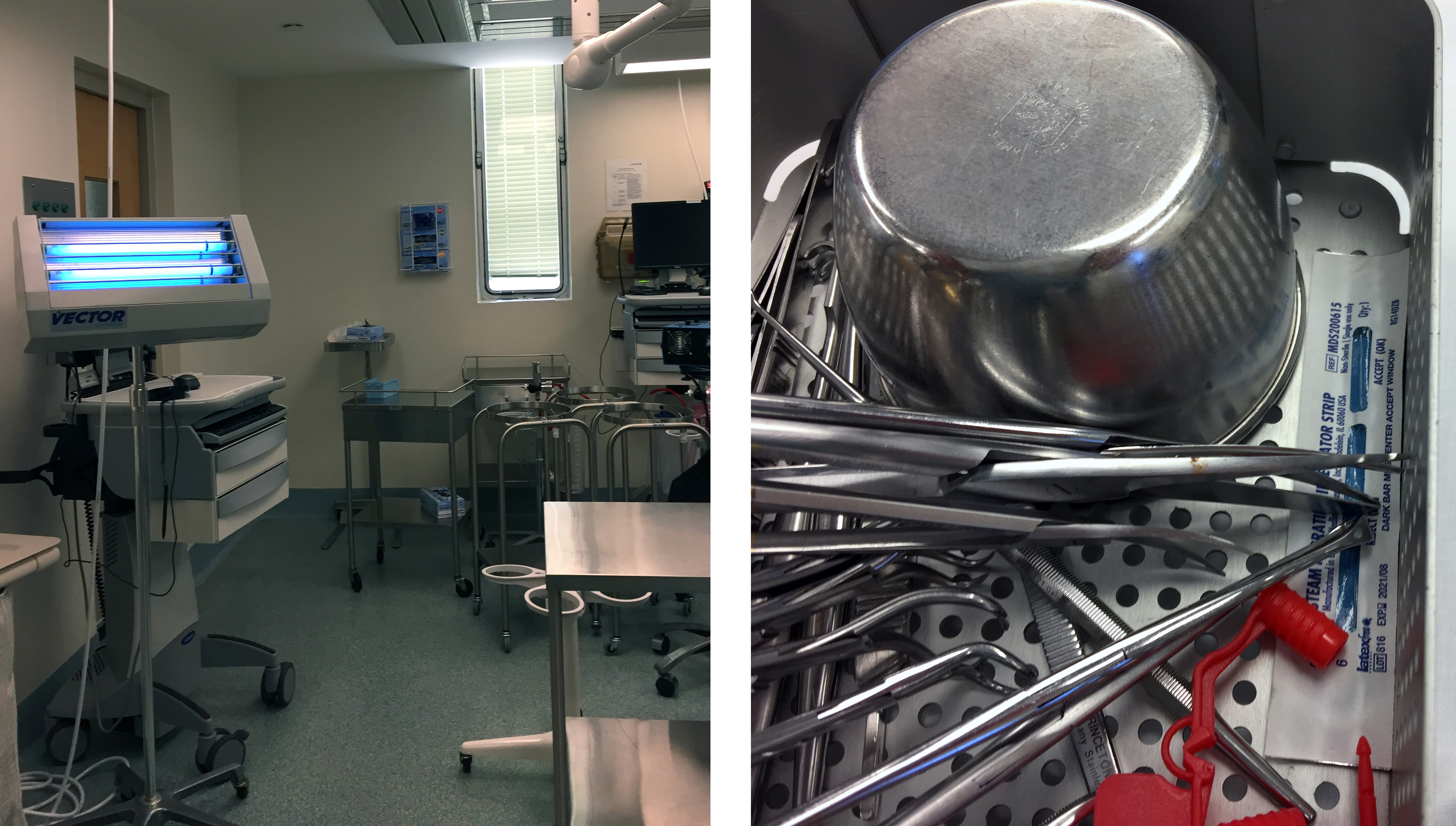 A fly zapper in a now-closed operating room (left) at the VA hospital. At right, faint spotting of either blood or rust can be seen on surgical instruments at the hospital that had not been properly sterilized.