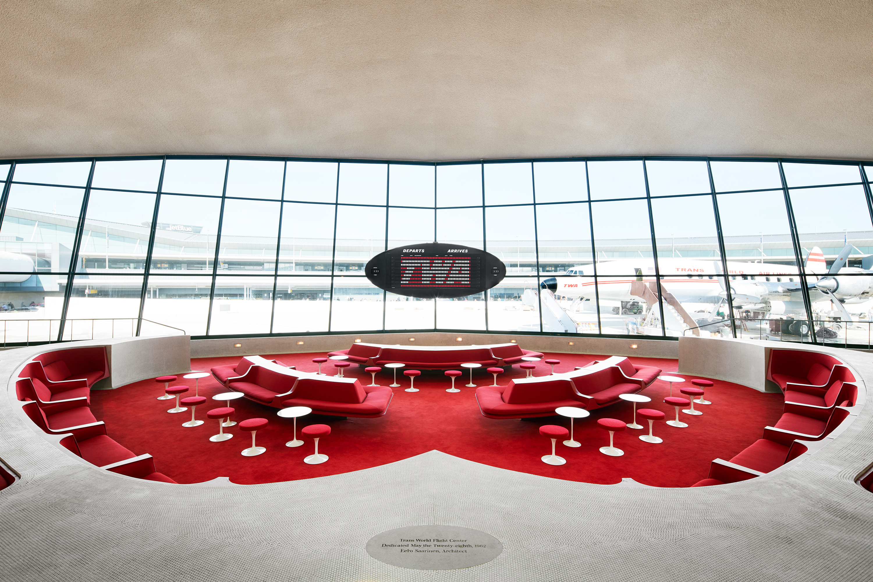 The sunken lounge at the TWA Hotel at JFK Airport in New York.