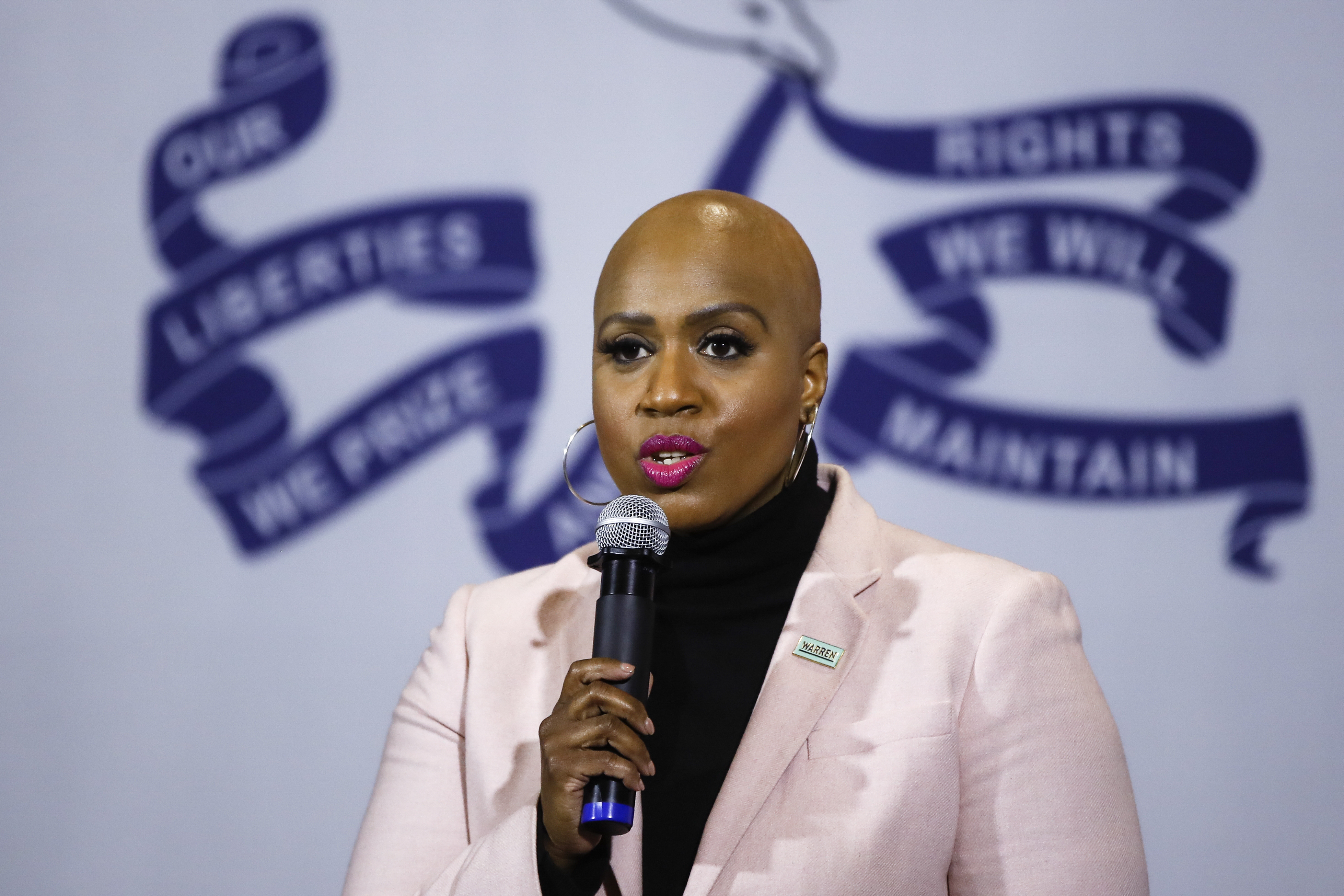 Representative Ayanna Pressley speaks as a surrogate of Democratic presidential candidate Senator Elizabeth Warren in Ames, Iowa.