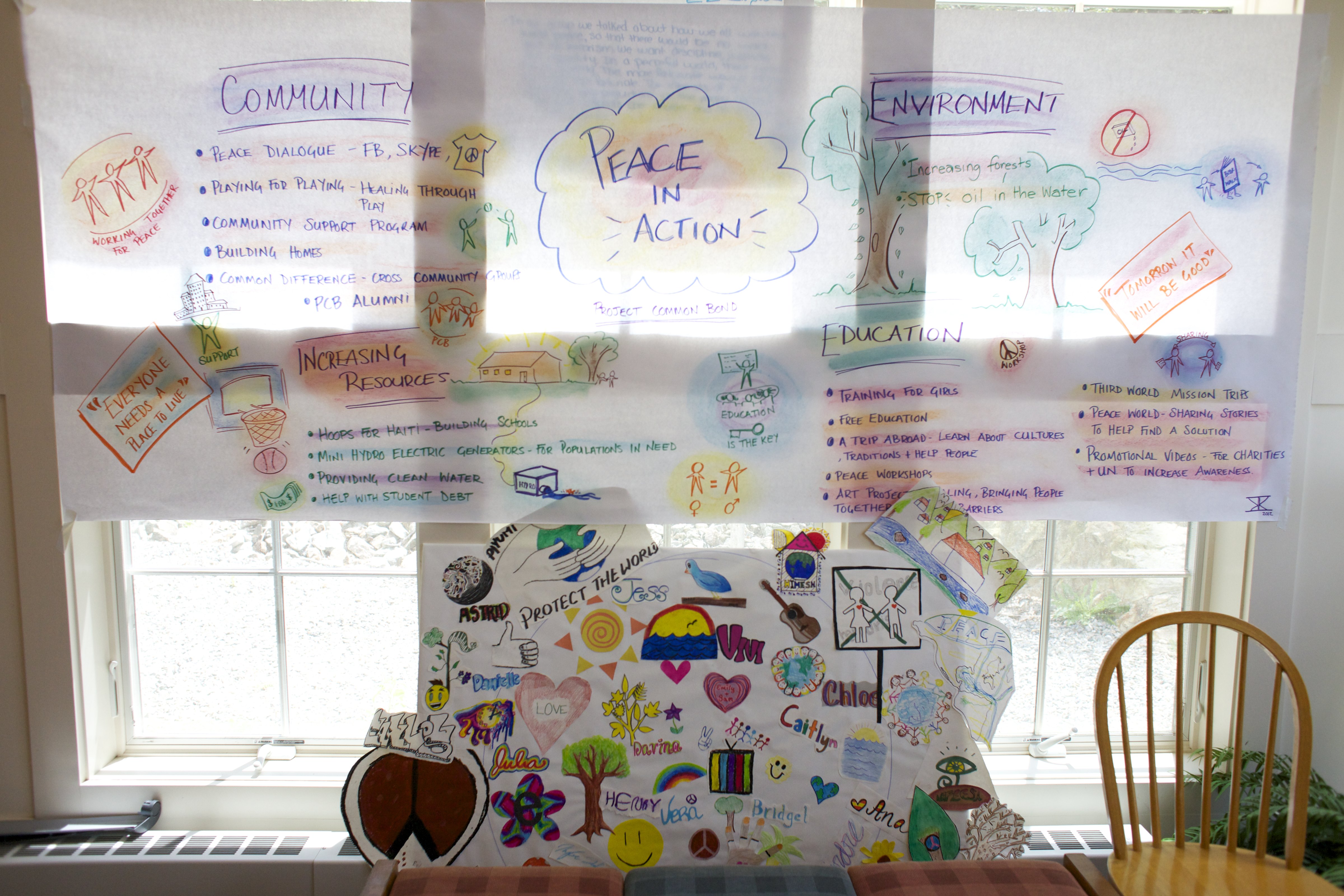 Posters on the windows at Project Common Bond. 