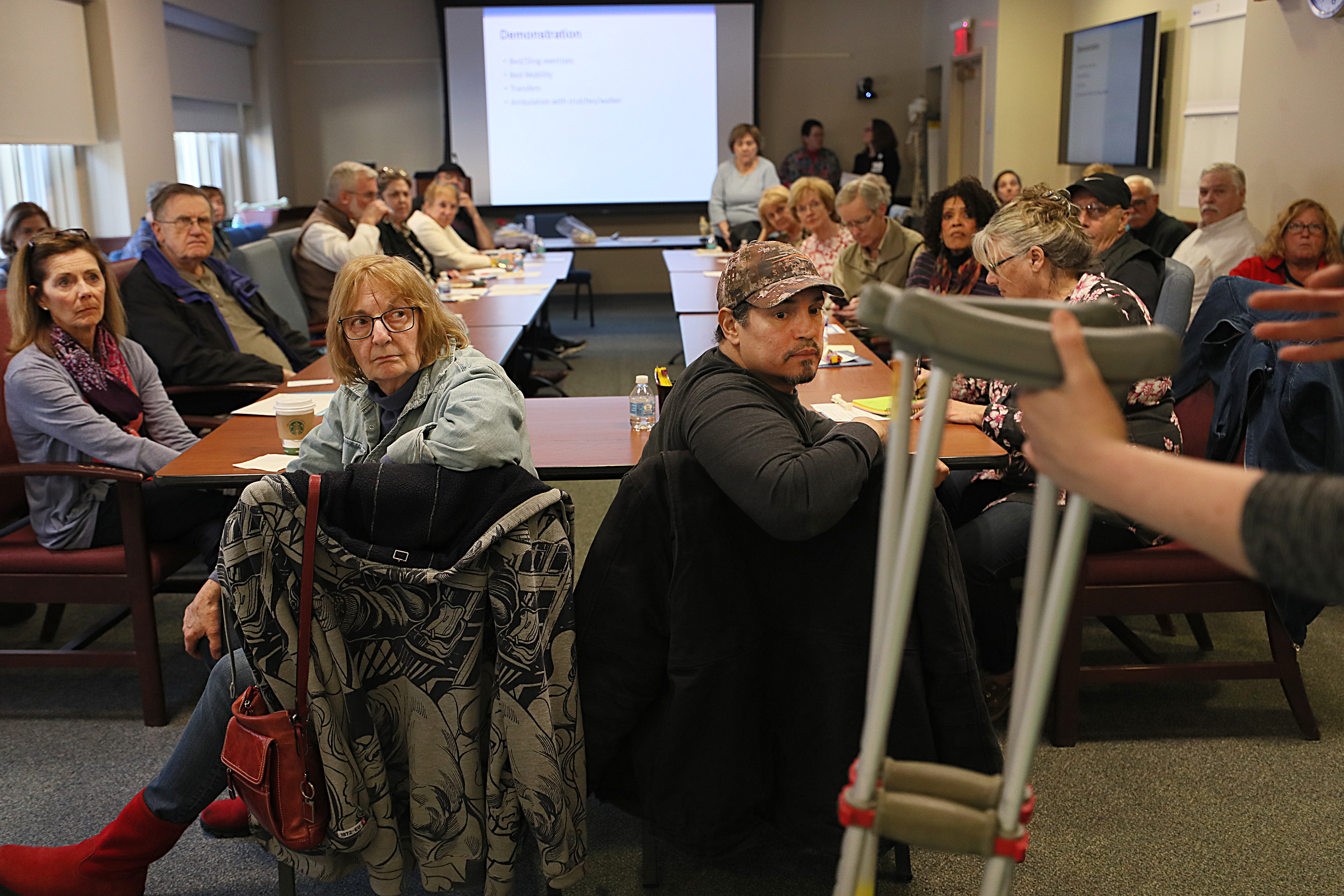 At New England Baptist, a physical therapist showed patients about to have joints replaced how to use crutches.
