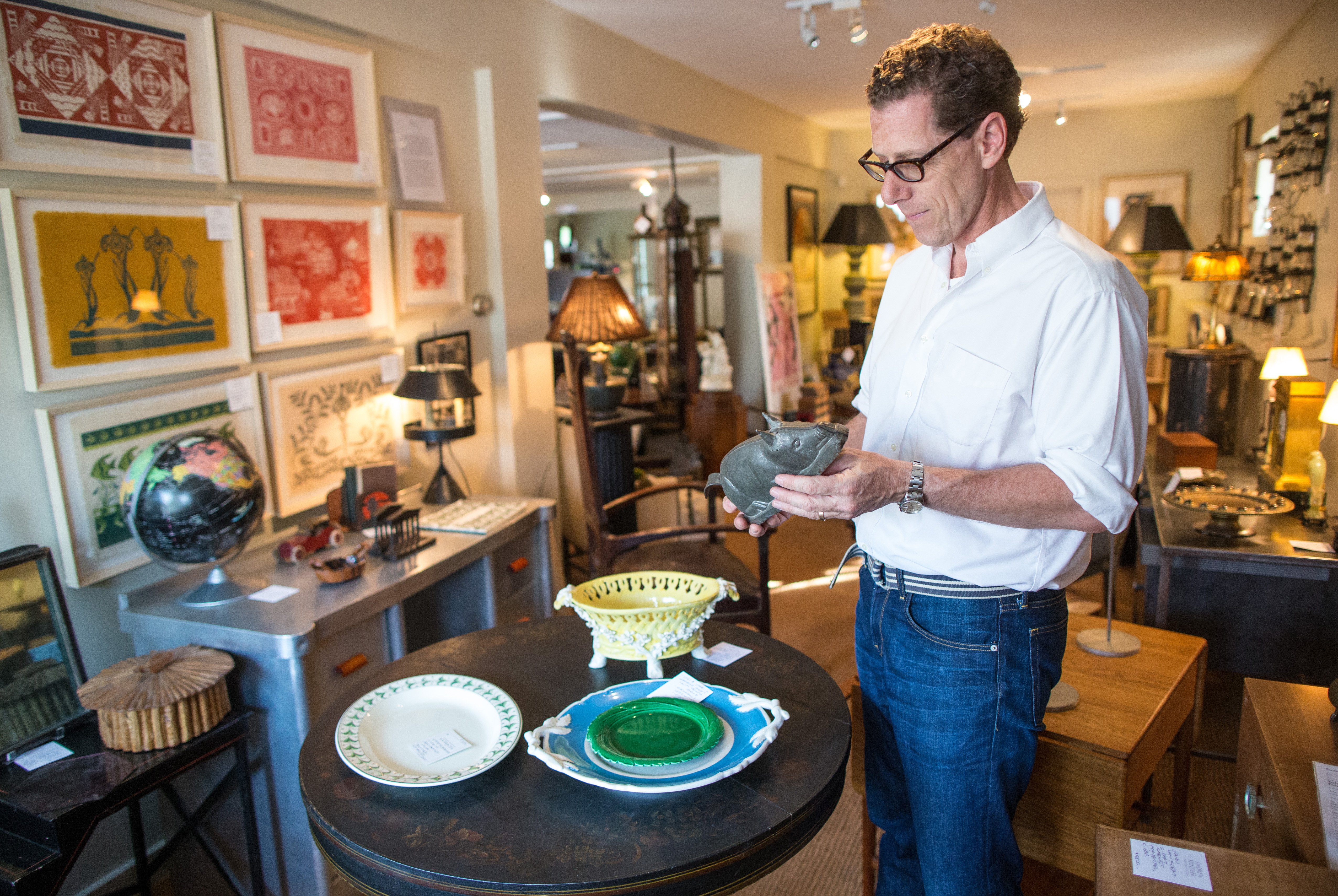 Andrew Spindler at his antiques shop in Essex.