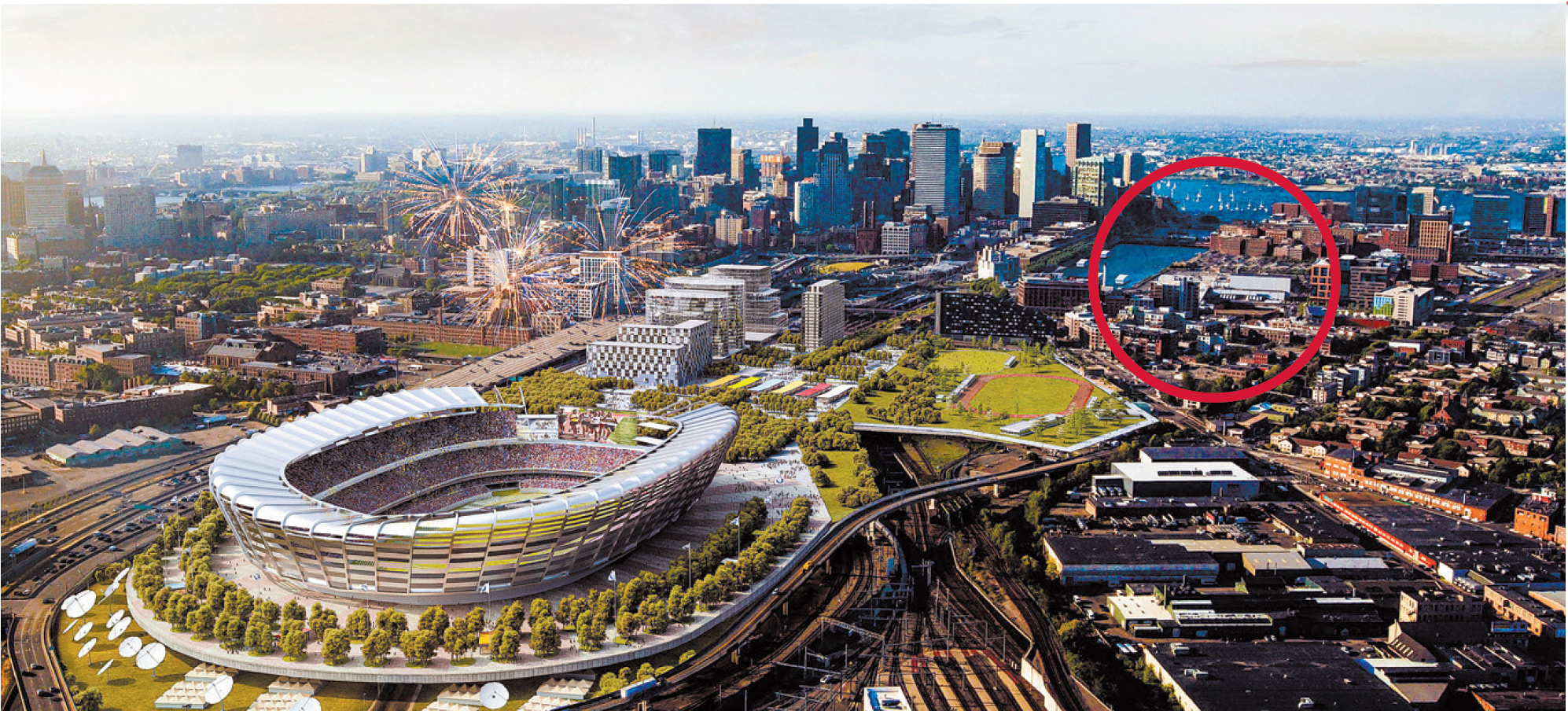 Gillette’s high-visibility location (circled above) near the proposed Olympic stadium in Boston would be particularly useful because there wouldn’t be any big brands allowed to advertise on the stadium itself.