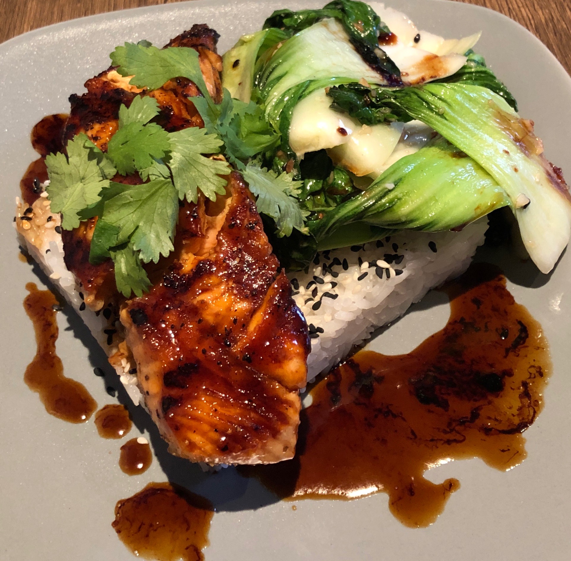Grilled salmon with jasmine rice and bok choy.