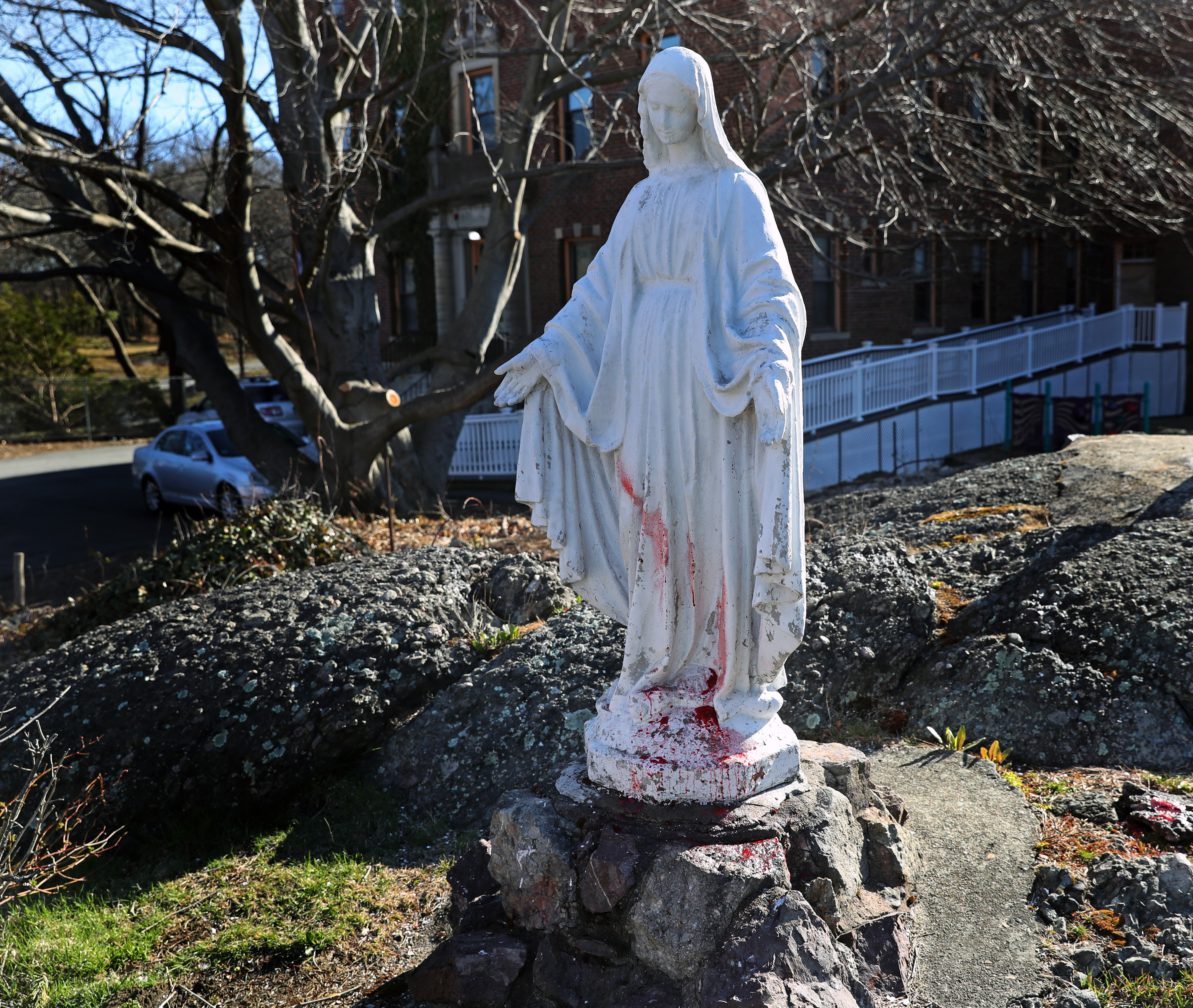 A statue of the Virgin Mary at St. Gregory Parish in Dorchester has been vandalized repeatedly in recent weeks.