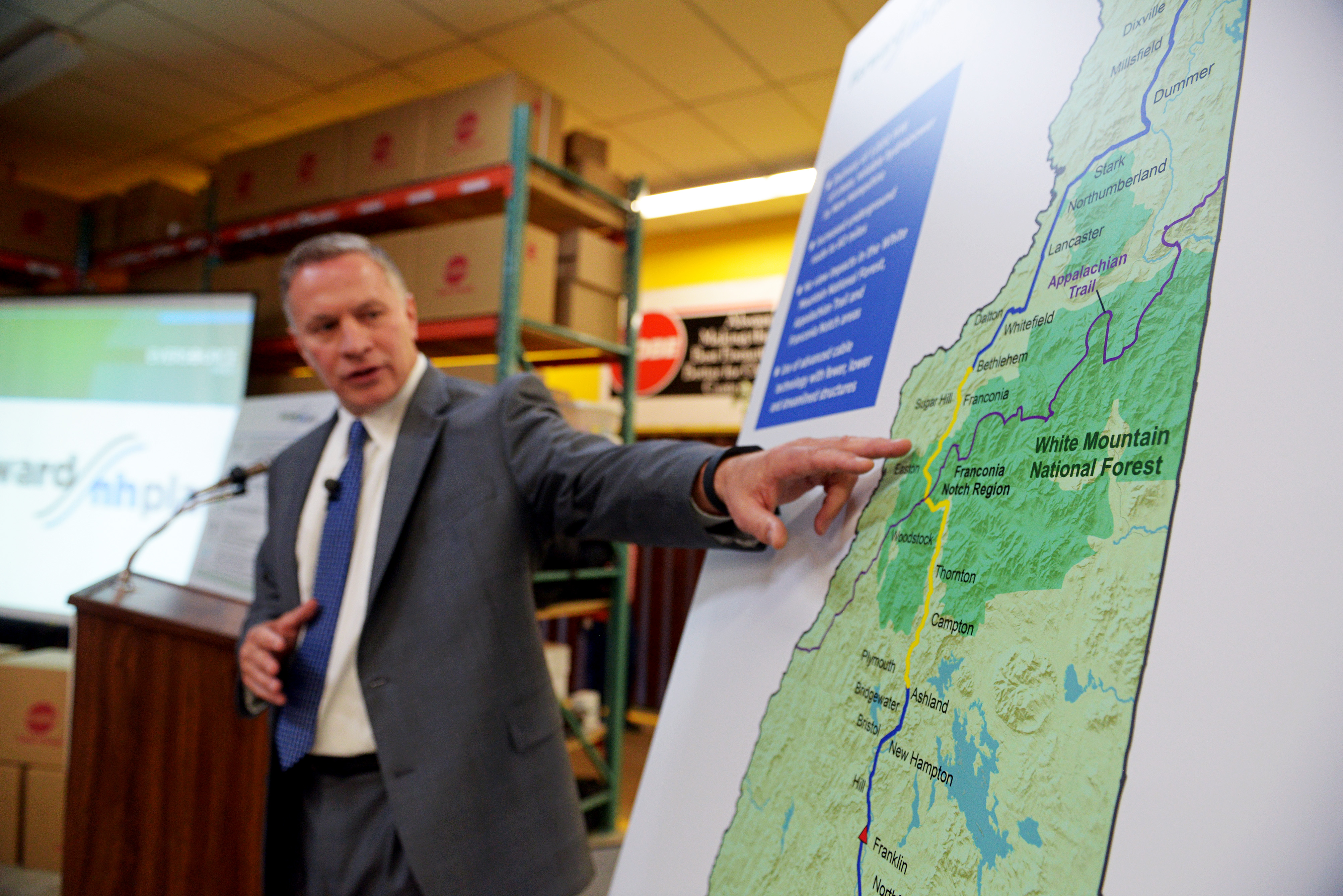 Bill Quinlan, president of Eversource in New Hampshire, presented revised plans for the Northern Pass hydroelectric project Tuesday.