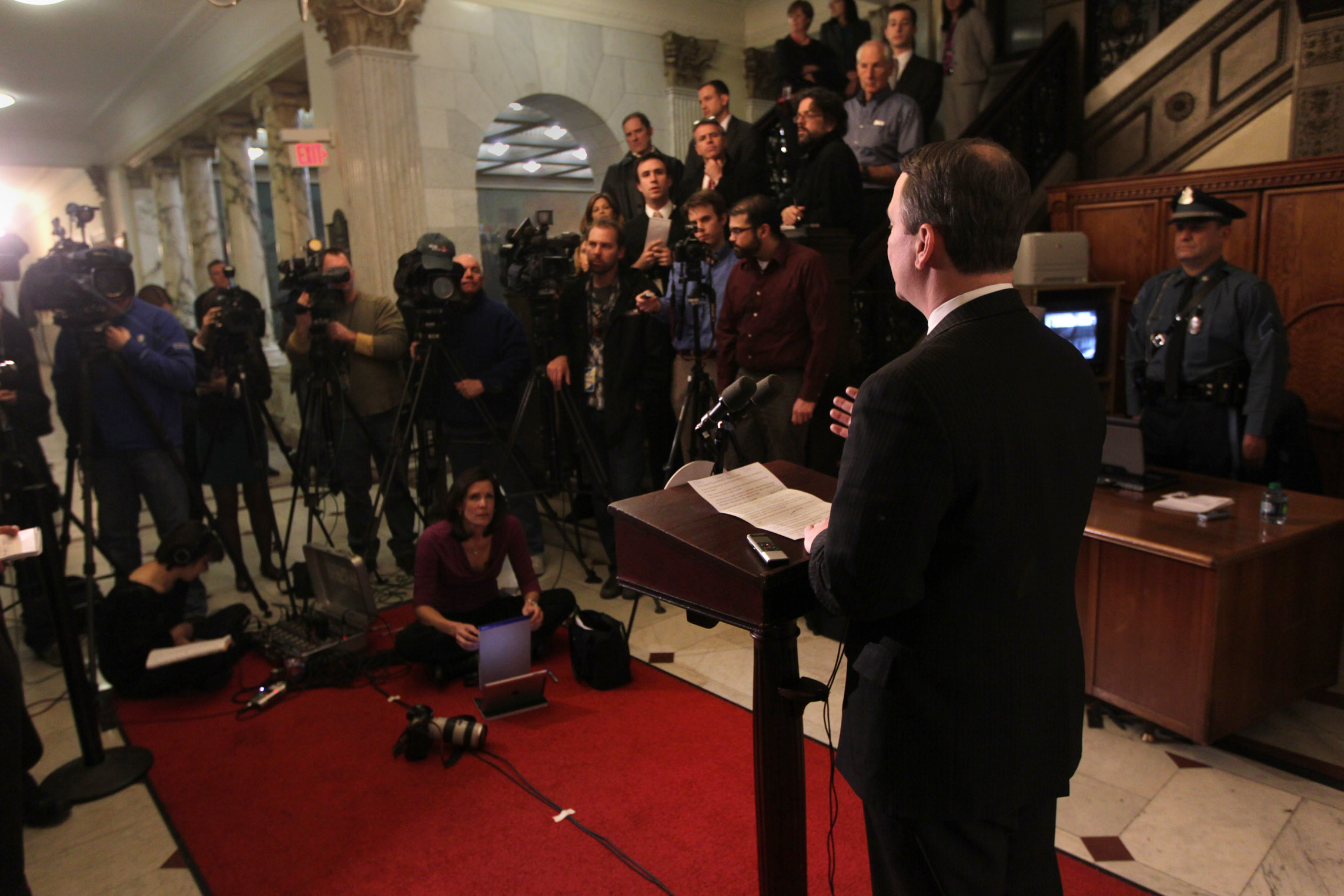 Lieutenant Governor Timothy Murray spoke about the release of “black box” information related to his Nov. 2 automobile crash today outside the Executive Office at the State House.