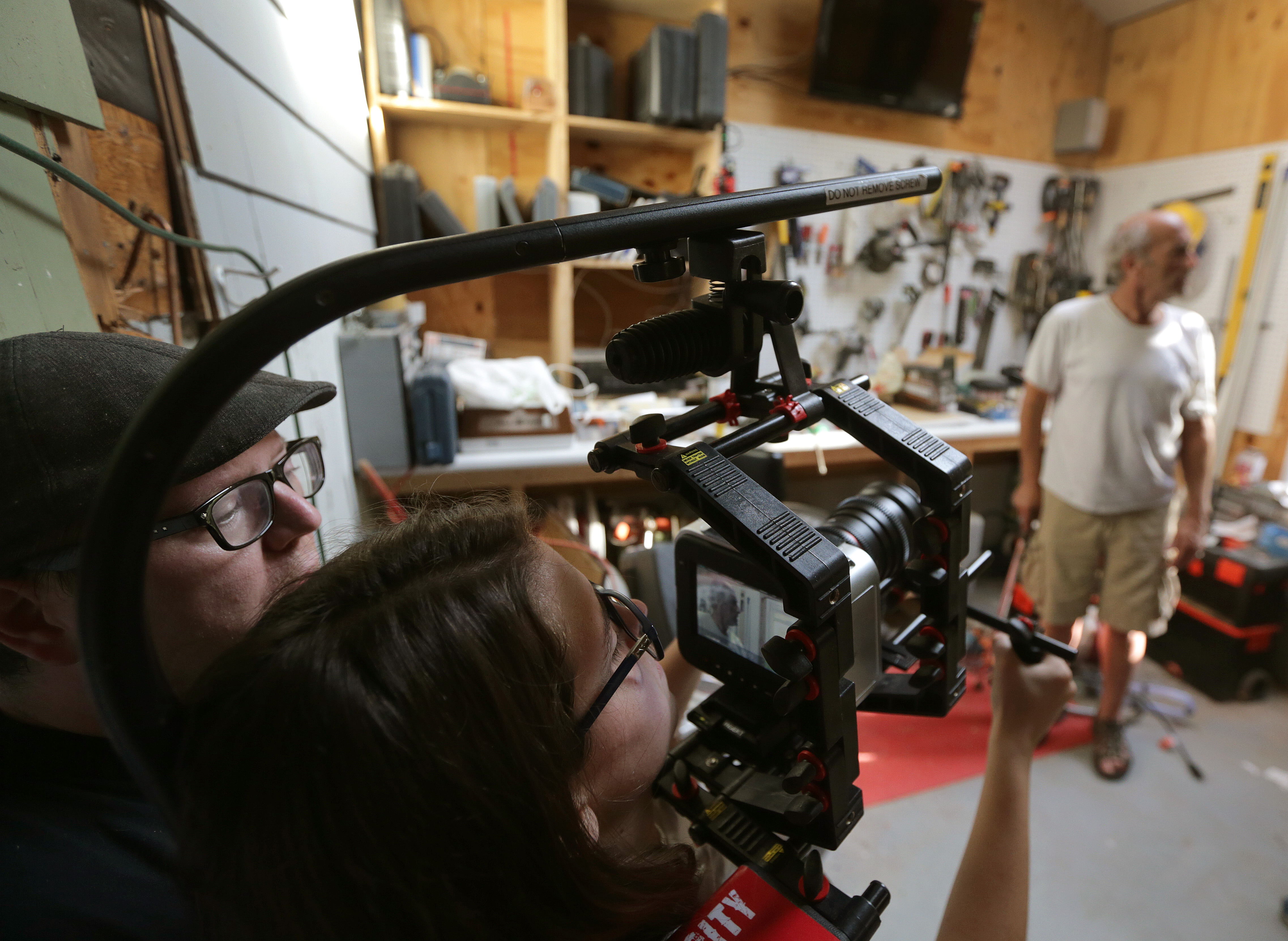 "Sundown" director Brendan Boogie (far left) and director of photography Leticia De Bortoli blocked out a shot during a run-through of a scene.