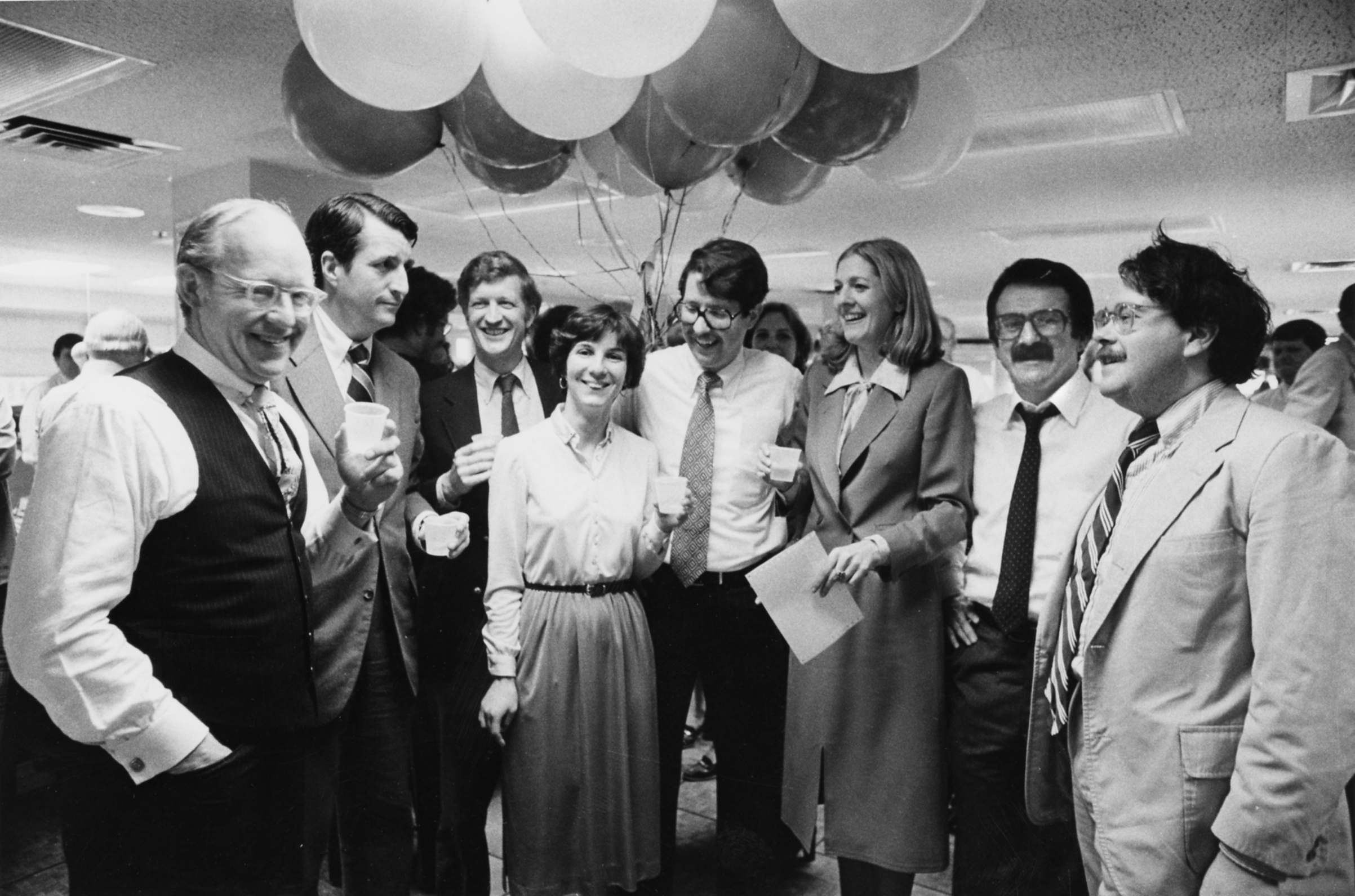 Thomas Winship, Bill Taylor, Sandy Hawes, Joan Venocchi, Nils Brazelius, Ellen Goodman, Steve Kurkjian, and Bill Henry celebrated a Pulitzer Prize for Special Local Reporting for investigation of the MBTA in 1980.