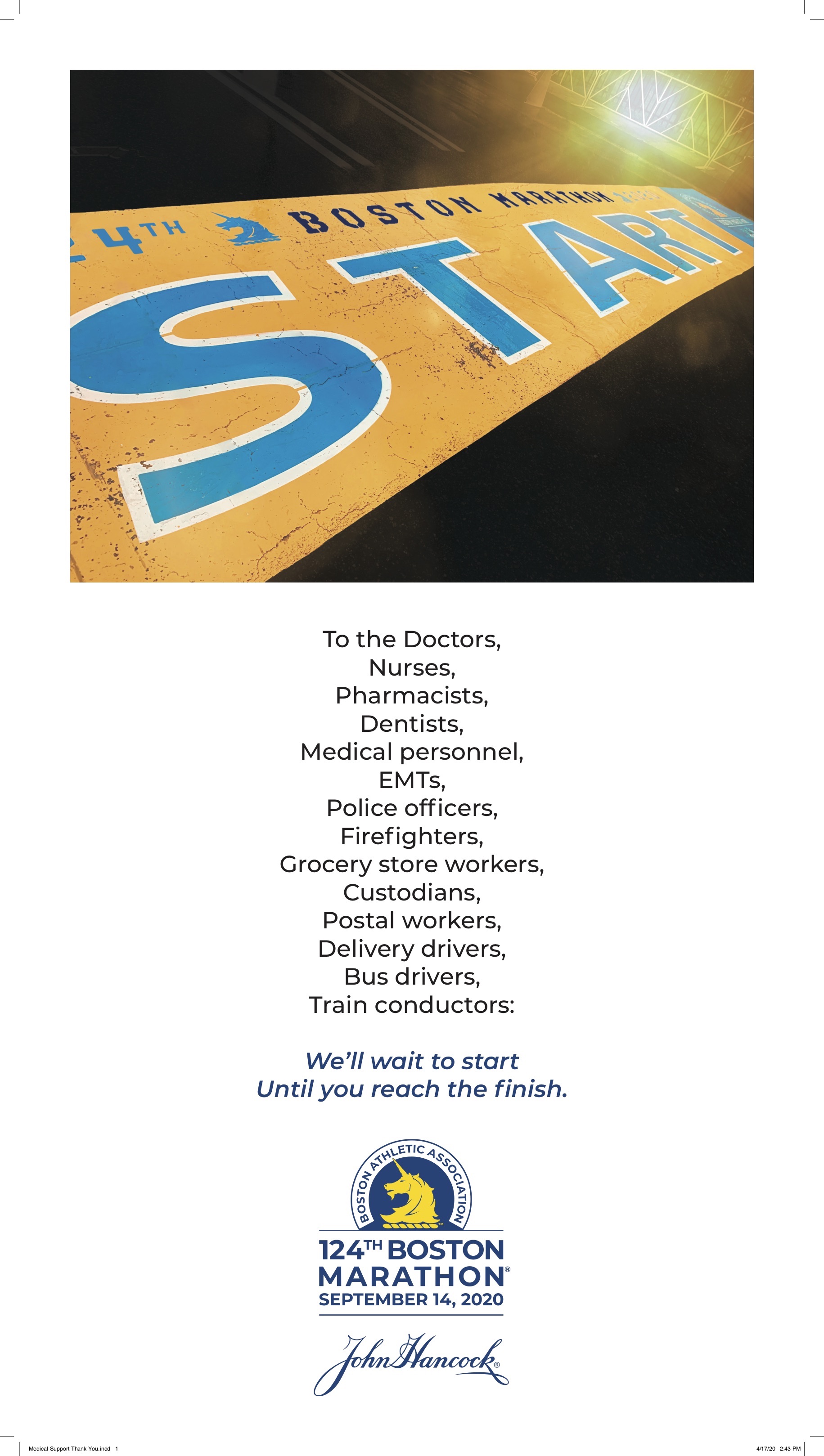 The Boston Athletic Association took out an ad with a message for the workers on the front line of the coronavirus pandemic.