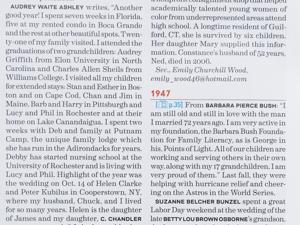 A page from Smith College's Alumnae quarterly magazine featuring an update from Barbara Bush.