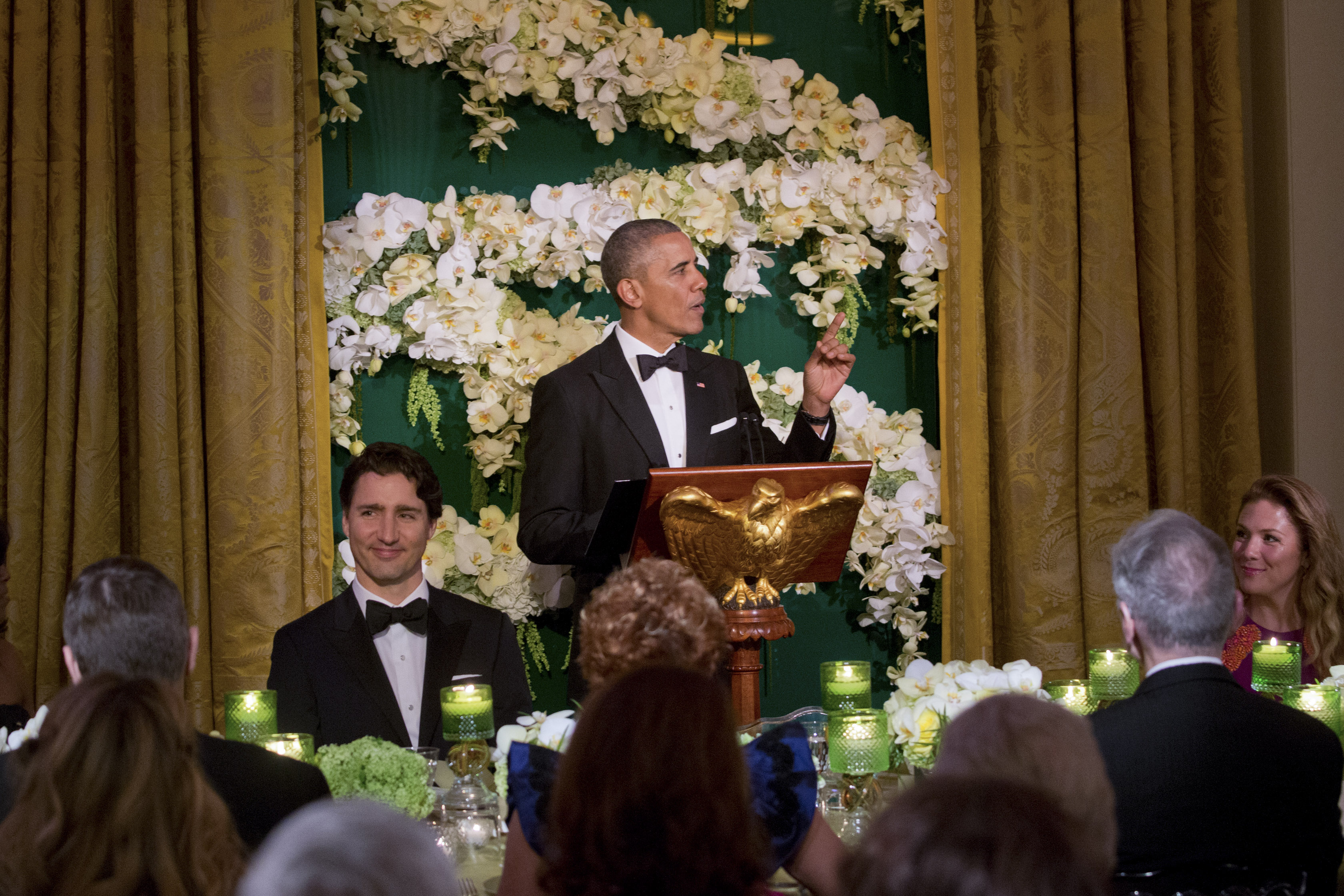 Obama, flanked by Canadian Prime Minister Justin Trudeau, left, and Sophie Gregoire-Trudeau, spoke.
