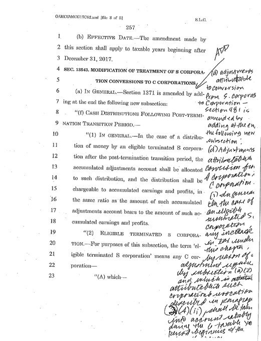 Handwritten notes in the margins of a draft of the tax bill as released by Senate Republicans just hours before the final vote.