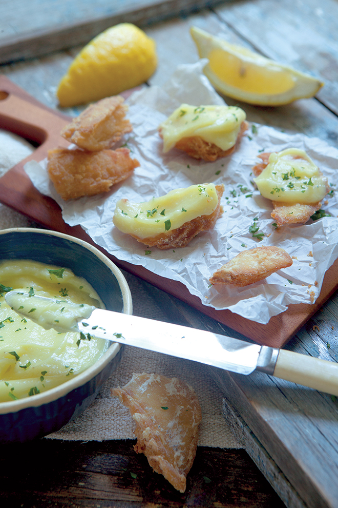 Fried cod squares.