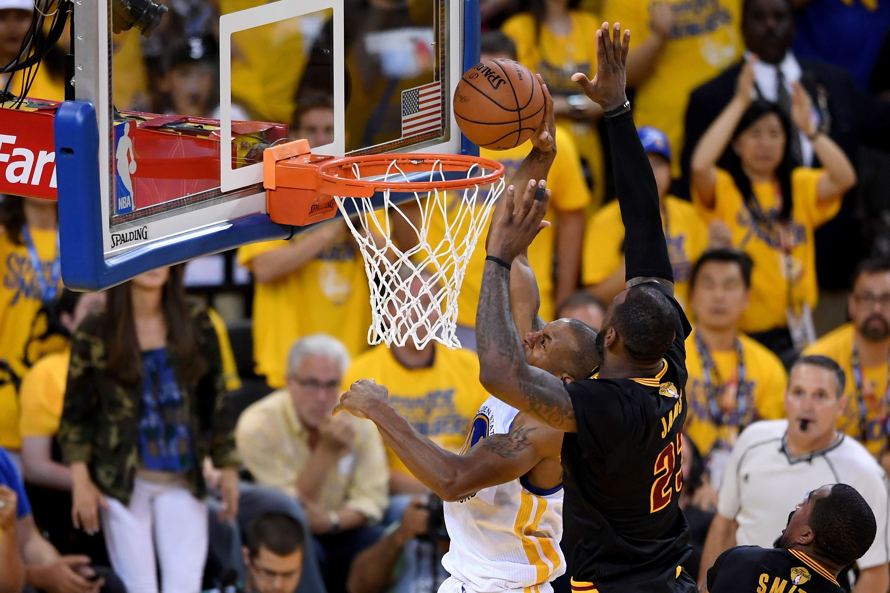 James’s block of this shot by the Warriors’ Andre Iguodala in the fourth quarter proved pivotal.