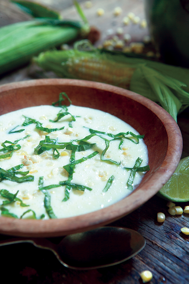 Chilled fresh corn and coconut soup.