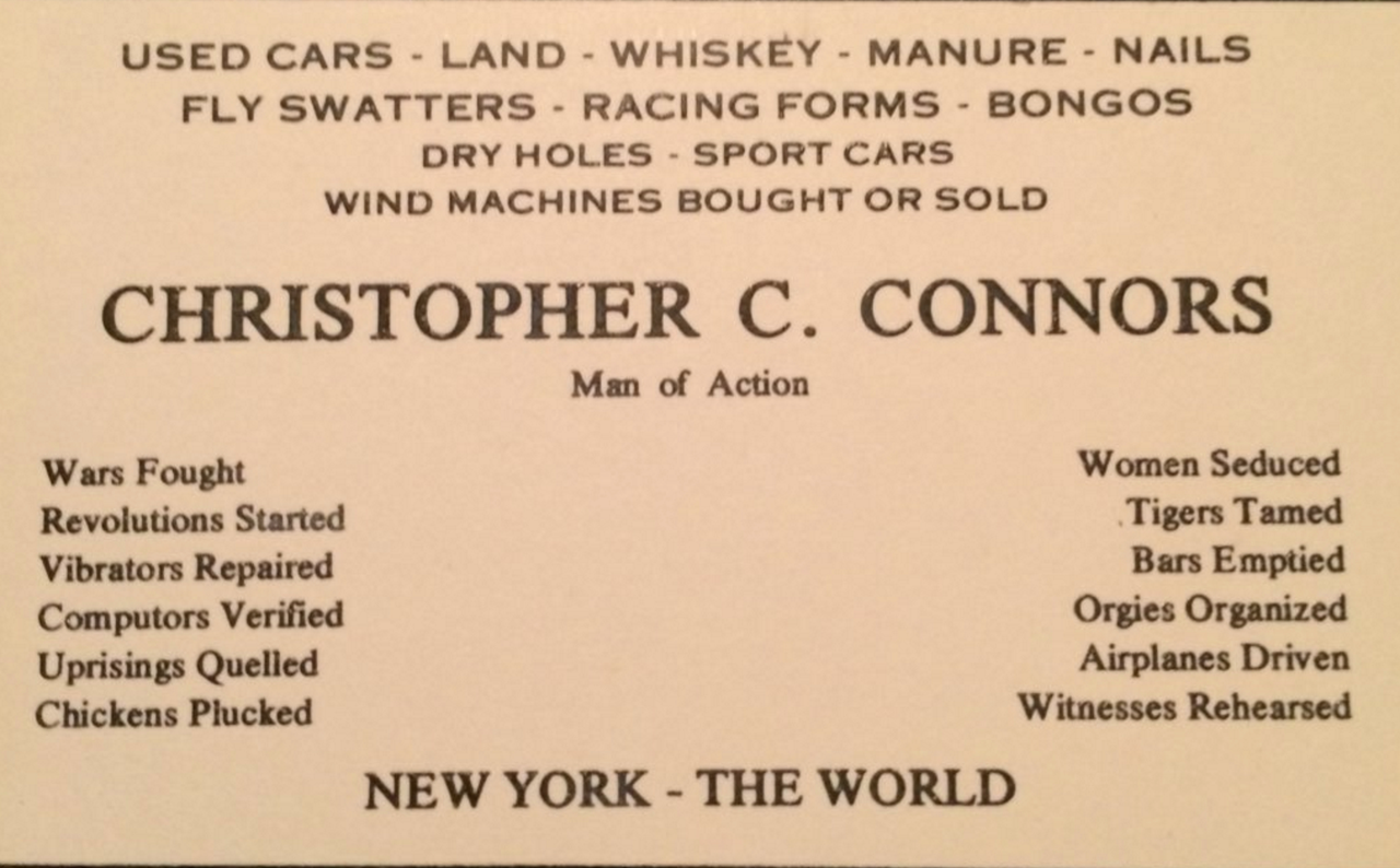 Chris Connors’ colorful business card.