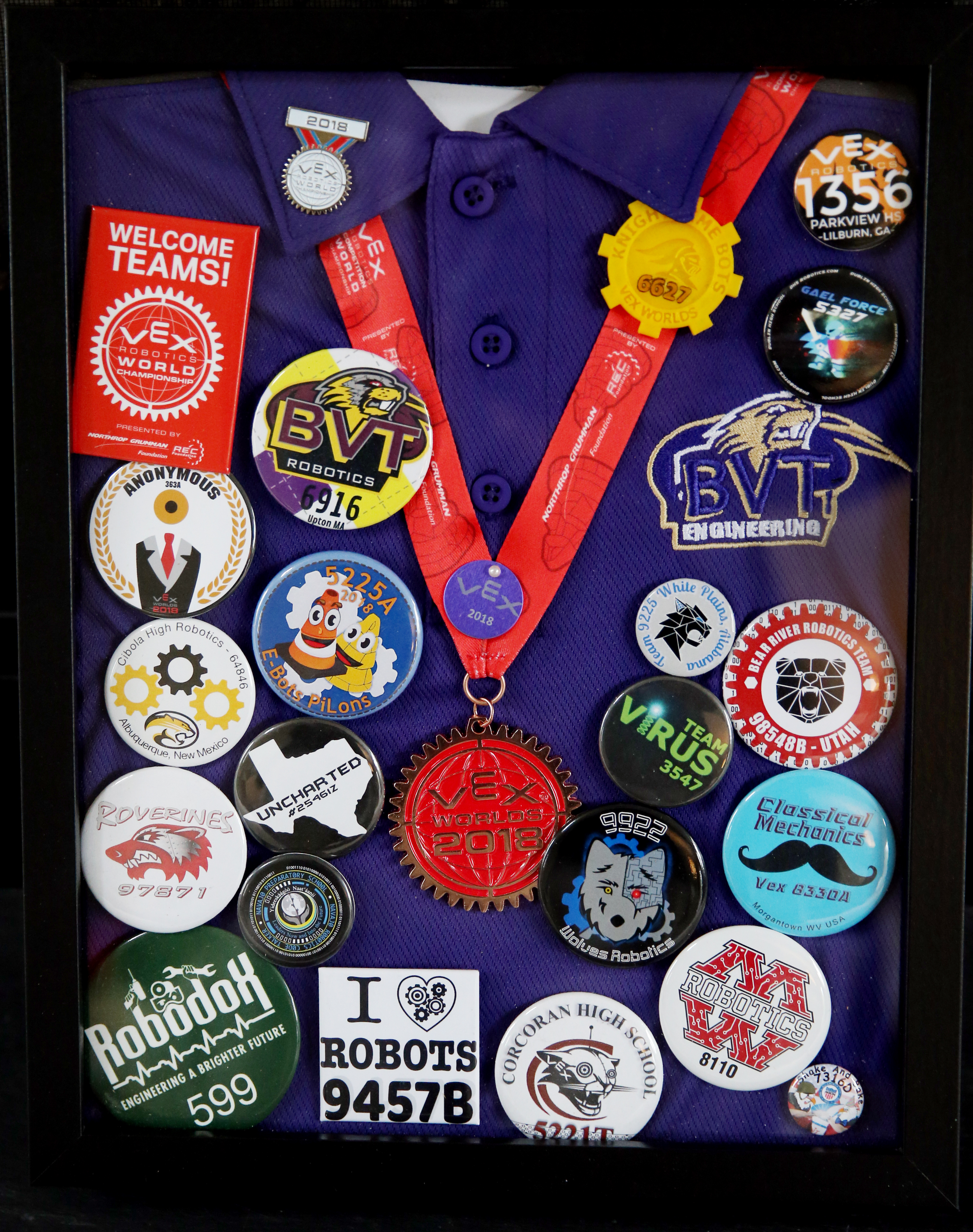 Alexandra’s robotics teammates at Blackstone Valley Regional Vocational Technical High School framed a shirt and pins from a recent world competition for the Valoras family.